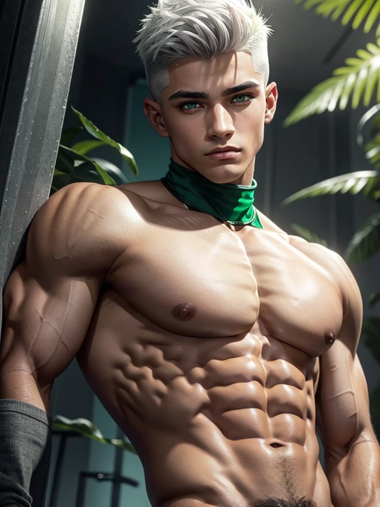 Man of 1.90 with white hair, tanned skin, muscular, well-built body, perfect face, slim, short hair on the sides, short hair on the sides is gray,The top part of her hair is white and long, her eyes are very beautiful jade green, totally naked, with an erection and a thick penis, shaved face, gray eyebrows, thinner body, 18 year old young man, cabello estilizado Demon Slayer, ojos verdes, Emerald green eyes, Short hair, 