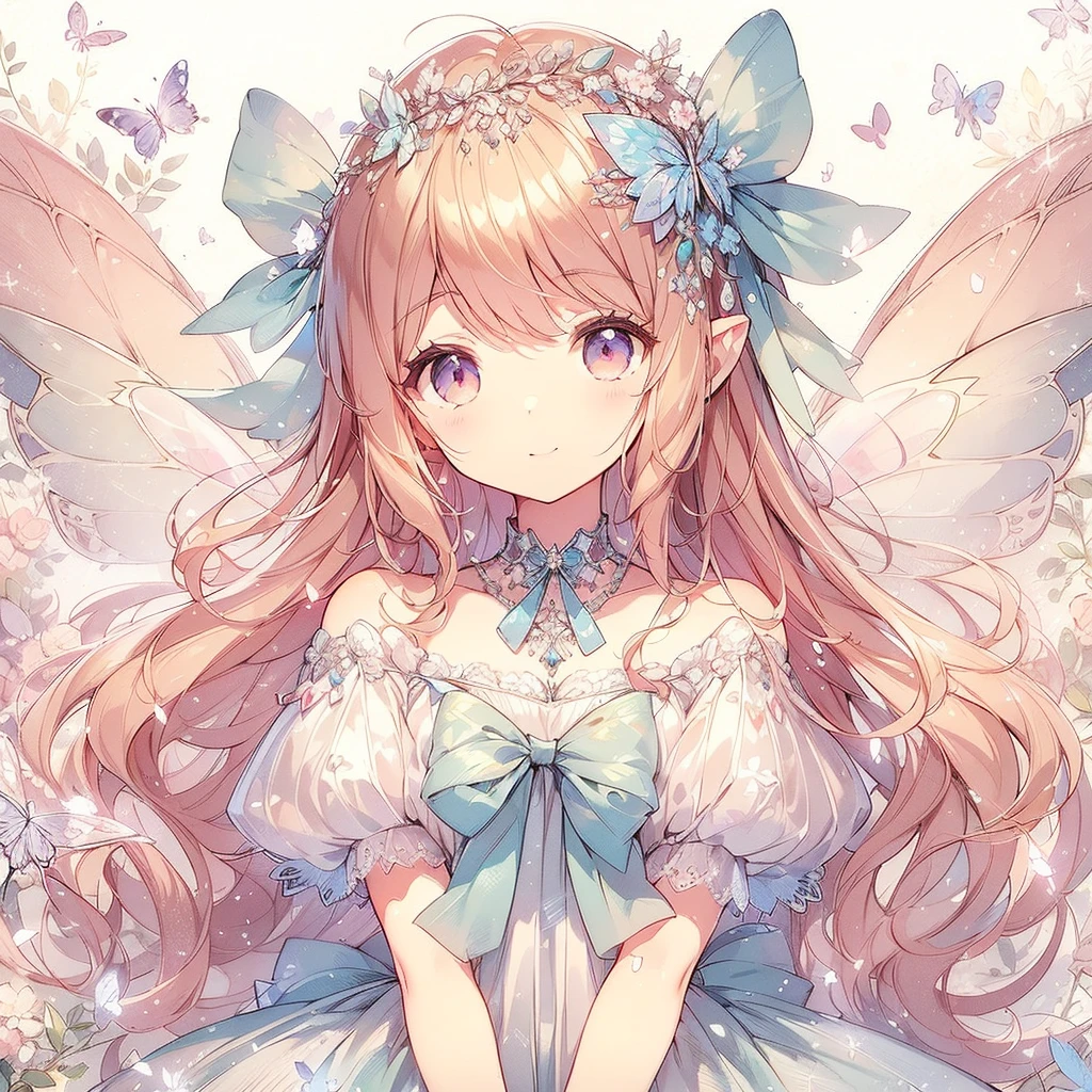 (Exquisite, beautiful, Very detailed, masterpiece, high quality,High resolution),(Well-formed face,Soft and thin lines: 1.2, Beautiful and delicate illustrations with a mature and transparent feel, Pixiv-inspired anime illustration,Cute pastel-colored girl-style illustrations that are going viral among Japanese people on Twitter),A fairy princess with a delicate and beautiful well-formed face,Beautiful Under the blue sky and fluffy clouds, a fairy princess with butterfly-like fairy wings growing from her back is floating in the sky, A little far away so you can see the whole body,Vibrant sky and clouds, Smiling and looking very happy,Diamond tiara, earrings and necklace, A pastel colored ball gown dress with balloon sleeves and fluffy shoulders, decorated with jewels, lace and frills with a cloud motif, and fluffy white marshmallow-like fluttering.,(Beautiful fairy wings like a butterfly growing from its back:1.5), Pale pink cheeks and plump pink lips,Big bust, fair skin, good figure,Fluffy, puffy clouds,Vibrant pastel colors,Gentle sunshine,watercolor style:1.5