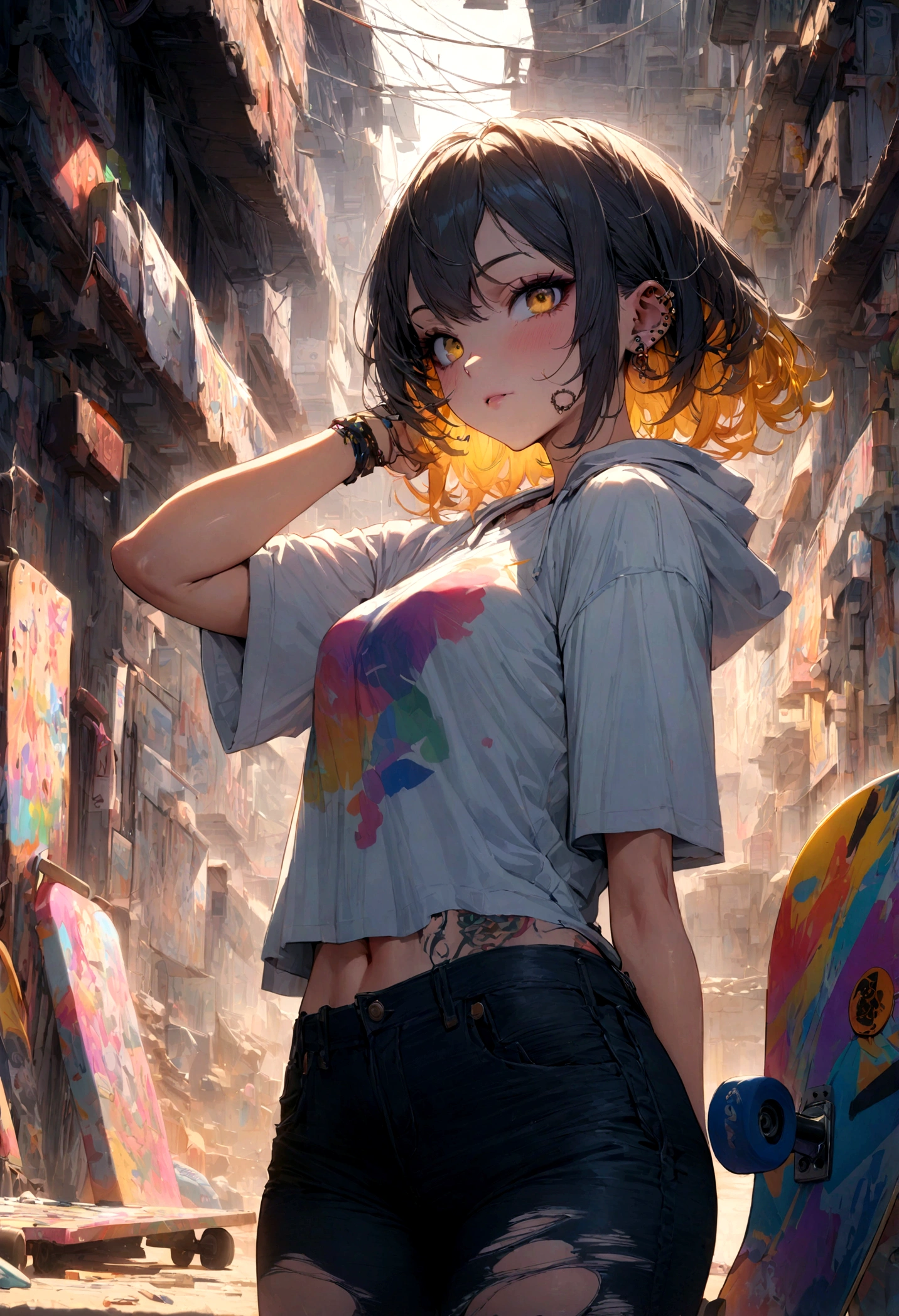 The most beautiful and sexy skateboard girl, rainbow colored hair, yellow eyes, wearing hoodie, graphic t-shirt, torn skinny jeans and highly detailed skateboard gear, tons of tattoos and piercings, highly detailed background, perfect masterpiece, high quality, high resolution