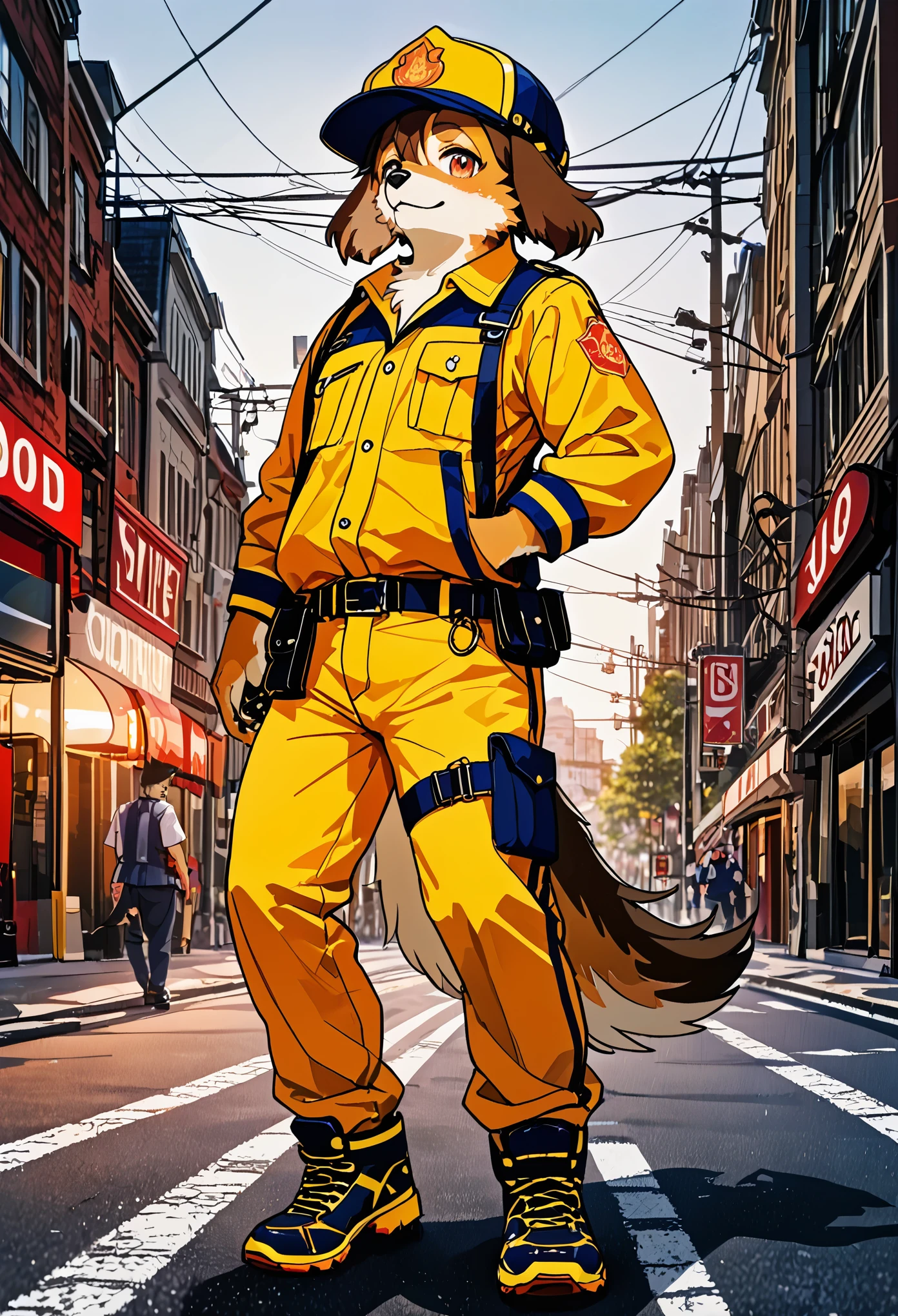 e621 upload, top quality, best quality, highres, masterpiece, super high resolution, detailed background, street, gasping for air(1boy, dog)Firefighter, cover calendar, absurdres, perfect anatomy, good lighting, volumetric lighting, cinematic shadow(kemono, furry anthro),