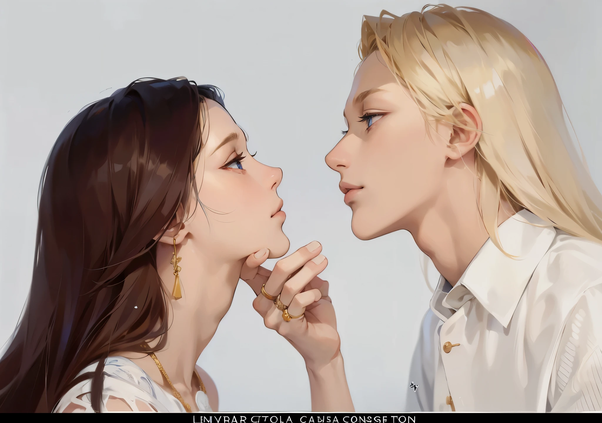 Blond man in a golden robe with curly hair holds roughly the chin of a girl with blue hair, girls of evil, Middle Ages, High quality, masterpiece, dramatic lighting, close-up, profile view, perfect faces