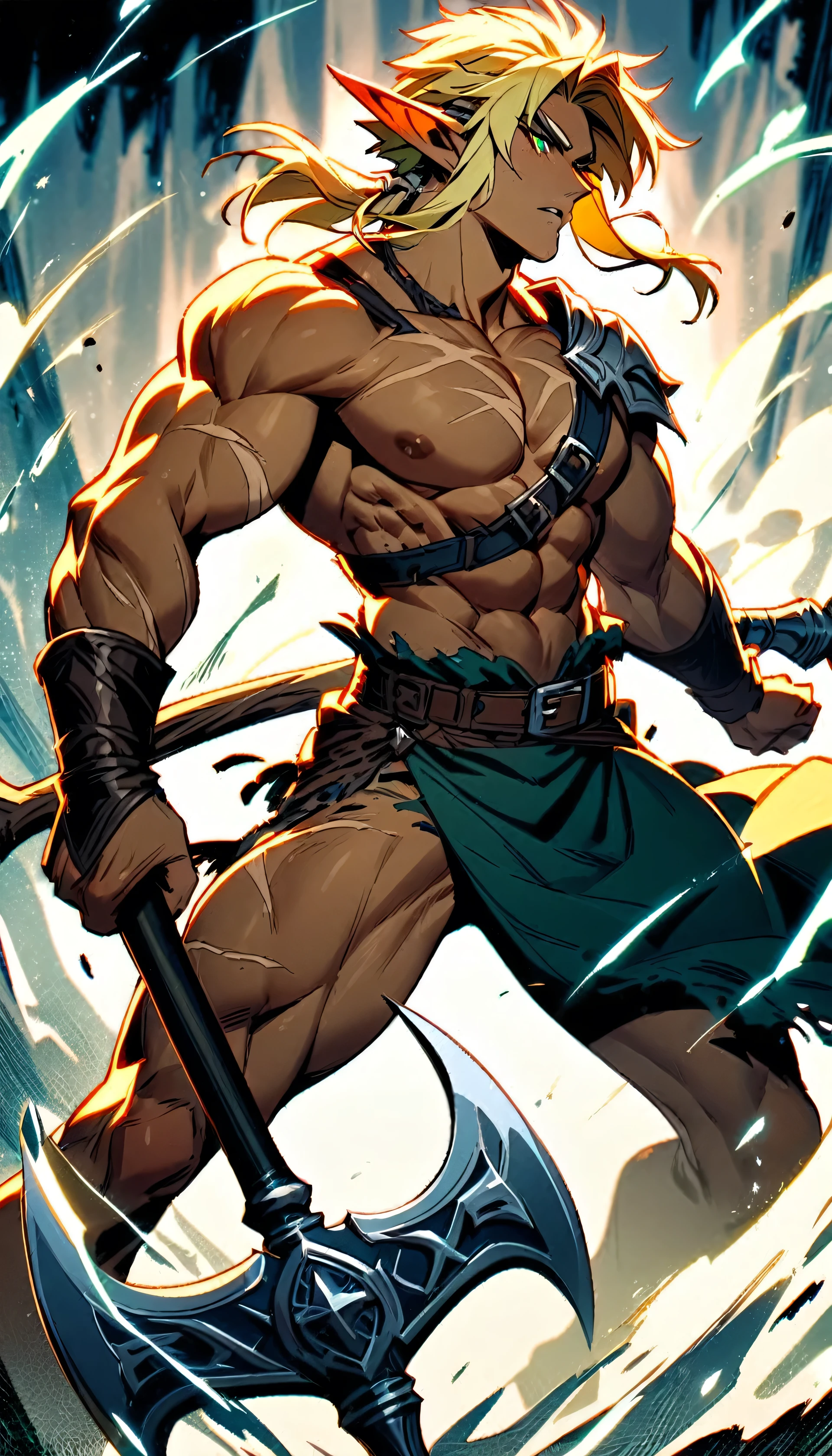 A male high elf barbarian. The high elf should be a man with blonde hair and green eyes. The elf should have a muscular body with scars. The elf should have a powerful axe and a barbarion outfit.