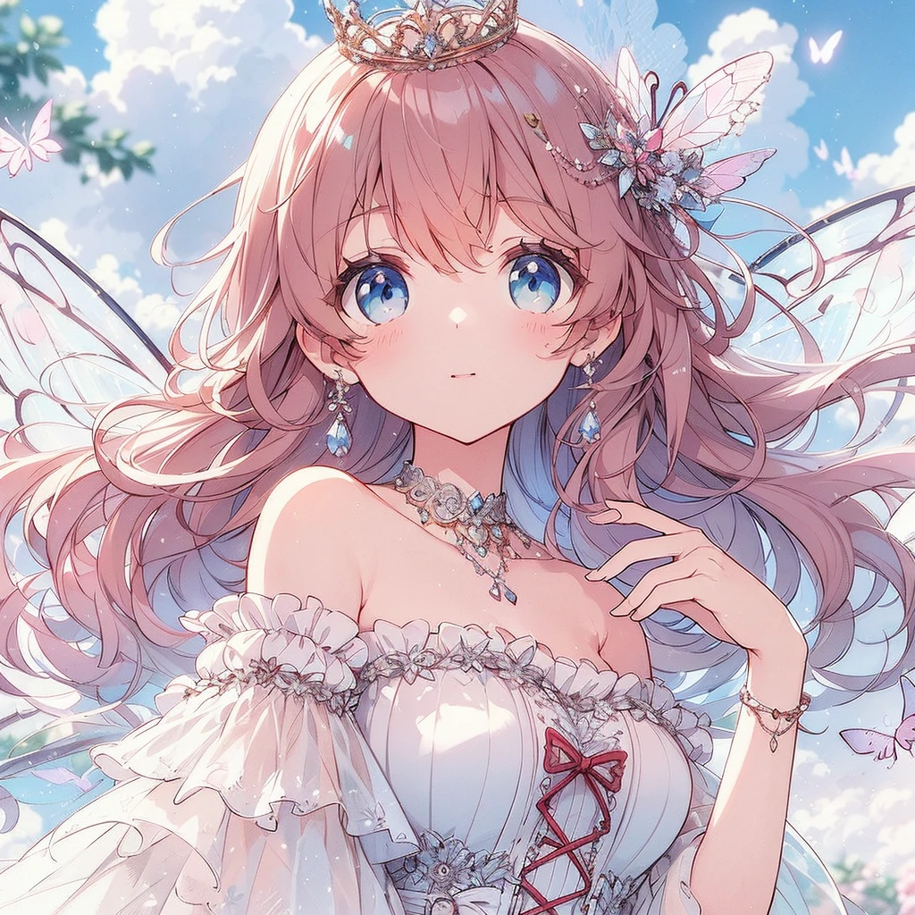 (Exquisite, beautiful, Very detailed, masterpiece, high quality,High resolution),(Well-formed face,Soft and thin lines: 1.2, Beautiful and delicate illustrations with a mature and transparent feel, Pixiv-inspired anime illustration,Cute pastel-colored girl-style illustrations that are going viral among Japanese people on Twitter),A fairy princess with a delicate and beautiful well-formed face,Beautiful Under the blue sky and fluffy clouds, a fairy princess with butterfly-like fairy wings growing from her back is floating in the sky, A little far away so you can see the whole body,Vibrant sky and clouds, Smiling and looking very happy,Diamond tiara, earrings and necklace, A pastel colored ball gown dress with balloon sleeves and fluffy shoulders, decorated with jewels, lace and frills with a cloud motif, and fluffy white marshmallow-like fluttering.,(Beautiful fairy wings like a butterfly growing from its back:1.5), Pale pink cheeks and plump pink lips,Big bust, fair skin, good figure,Fluffy, puffy clouds,Vibrant pastel colors,Gentle sunshine,watercolor style:1.5