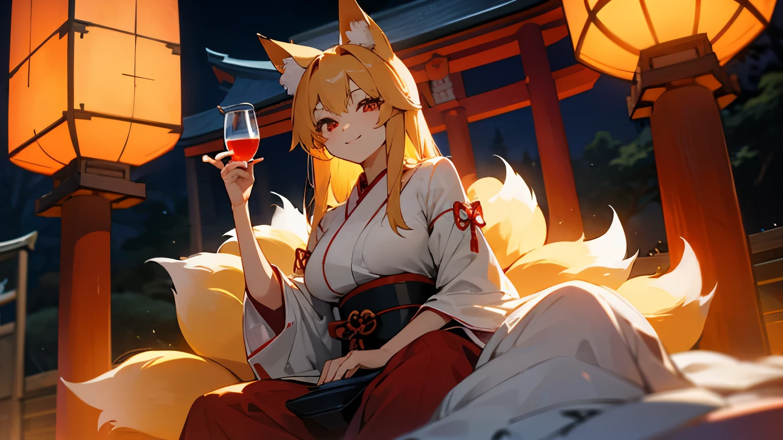 A woman has many fox tails growing out of her、Blonde、Fox Ears、Red eyes、Fox Earsの先は黒い、Japanese style shrine maiden outfit、Japanese style shrine、Large breasted adult women、Holding a glass of alcohol、sitting on a cushion、Smiling、Less exposure、Big eyes、night