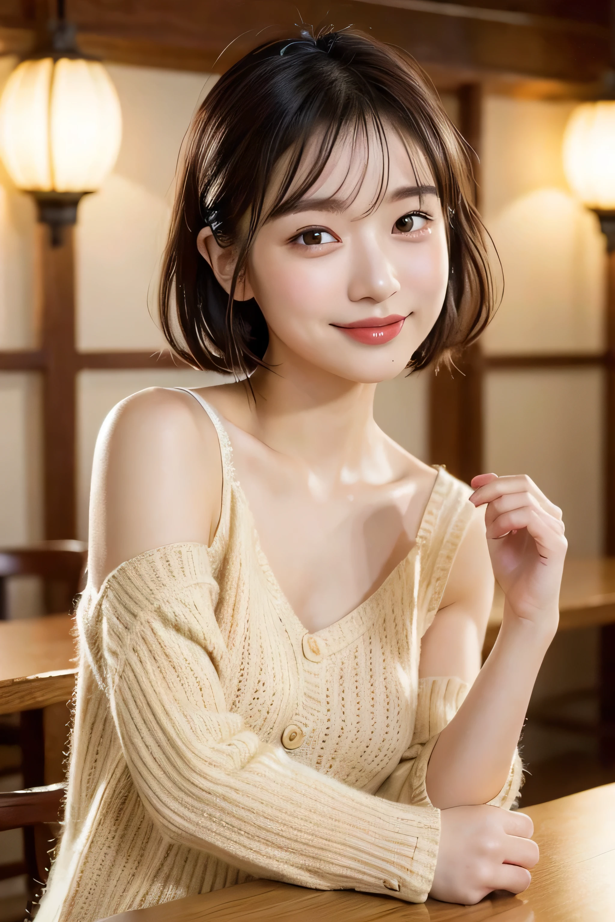 (natta:1.7), East Asian Architecture, 1 girl, sixteen years old、Colossal tits Beautiful shiny straight semi-long、Beautiful fingers,Beautiful long legs,Beauty Body,Cute nose,Beautiful character design,perfect eyes,face perfect,looking at viewert,(Innocent_Big_Eyes:1.0),(light_Smile:0.3),offcial art,ighly detailed ,(tmasterpiece:1.0),(best_quality:1.0), 超A high resolution,4K,ultra - detailed, photography of, 8K, nffsw, hight resolution, the background is blurred, (Beautiful_Face:1.5),(8K,Raw photo, 、Relax at a ryokan in Japan、(The background is a café restaurant at night:1.3),(White tank top&White Beige Shoulder Length Knit Cardigan、Plaid Flared Micro Mini Skirt:1.3),(Colossal tits) Backgrounds with depth Three-dimensional feeling ((White Beige Knitted Camisole、Thin string:1.4)) (Beautiful large breast:1.2
), (Sitting leaning forward with your chest proudly on the table:1.3)