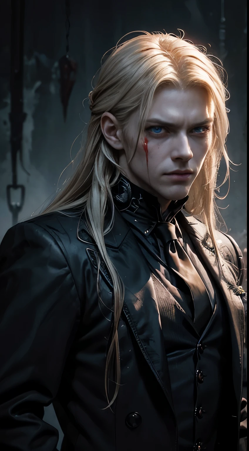 (masculine), (horrifying,shocking),blood-spattered man, male covered in blood,long flowing blond hair, , ((paled skin)) ,expressive eyes,dramatic lighting,gritty and intense,horror portrait,violent,splattered blood,dark and haunting background,close-up of face and body,bloody handprints,terrifying aura,macabre,vivid colors,high contrast, blue eyes, bloddy, masacre, androgynous, perfect face, evil smile, insane, crazy, Black coat, black suit, one young male, beautiful long hair, blond hair, blue eyes, purple victorian shirt, purple jabot, beautiful face, highest quality, wild fighting stance, blood everywhere