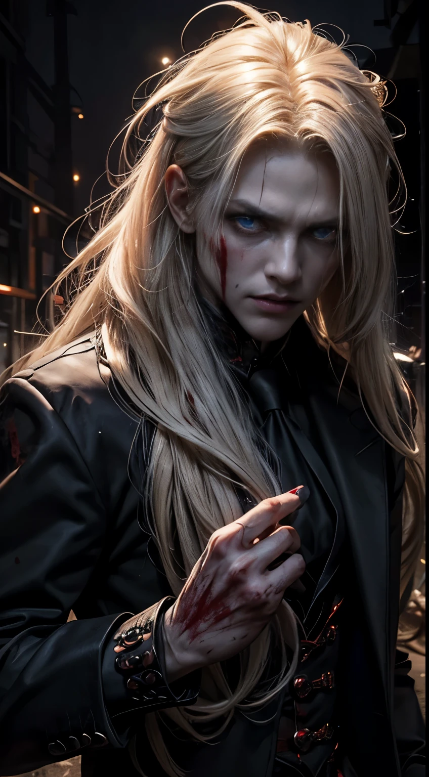 (masculine), (horrifying,shocking),blood-spattered man, male covered in blood,long flowing blond hair, , ((paled skin)) ,expressive eyes,dramatic lighting,gritty and intense,horror portrait,violent,splattered blood,dark and haunting background,close-up of face and body,bloody handprints,terrifying aura,macabre,vivid colors,high contrast, blue eyes, bloddy, masacre, androgynous, perfect face, evil smile, insane, crazy, Black coat, black suit, one young male, beautiful long hair, blond hair, blue eyes, purple victorian shirt, purple jabot, beautiful face, highest quality, wild fighting stance, blood everywhere