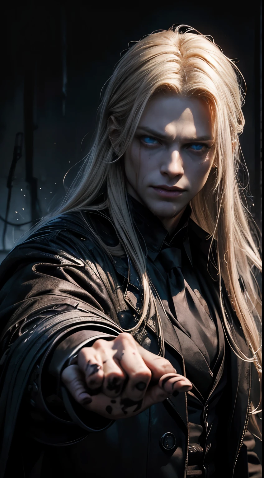 (masculine), (horrifying,shocking),blood-spattered man, male covered in blood,long flowing blond hair, , ((paled skin)) ,expressive eyes,dramatic lighting,gritty and intense,horror portrait,violent,splattered blood,dark and haunting background,close-up of face and body,bloody handprints,terrifying aura,macabre,vivid colors,high contrast, blue eyes, bloddy, masacre, androgynous, perfect face, evil smile, insane, crazy, Black coat, black suit, one young male, beautiful long hair, blond hair, blue eyes, purple victorian shirt, purple jabot, beautiful face, highest quality, wild fighting stance, blood everywhere