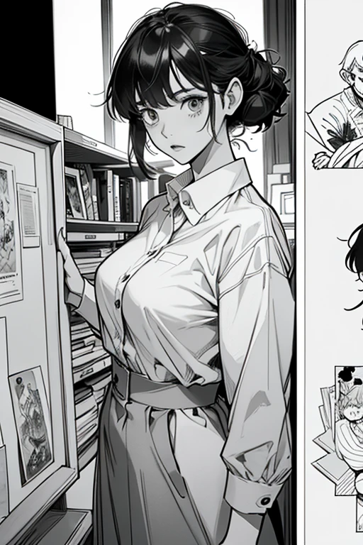 line-drawing, comic strip, monochromes, illustratio, 1girl in, masutepiece, Best Quality, Super Detail