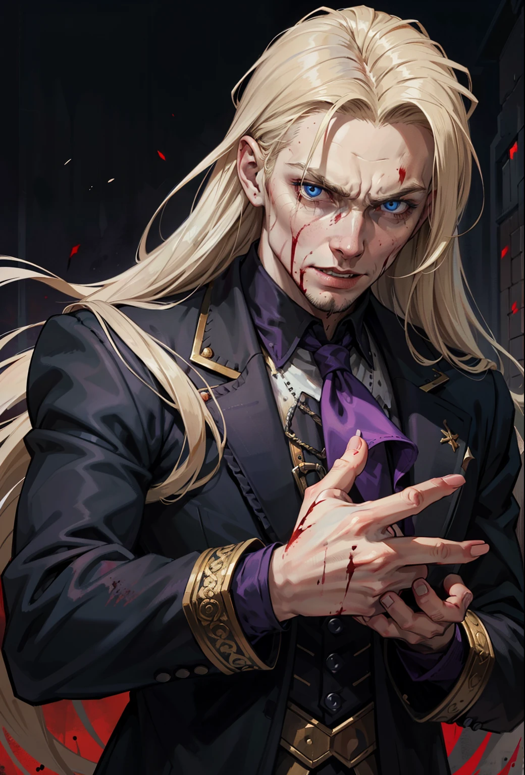 (masculine), (horrifying,shocking),blood-spattered man, male covered in blood,long flowing blond hair, , ((paled skin)) ,expressive eyes,dramatic lighting,gritty and intense,horror portrait,violent,splattered blood,dark and haunting background,close-up of face and body,bloody handprints,terrifying aura,macabre,vivid colors,high contrast, blue eyes, bloddy, masacre, androgynous, perfect face, evil smile, insane, crazy, Black coat, black suit, one young male, beautiful long hair, blond hair, blue eyes, purple victorian shirt, purple jabot, beautiful face, highest quality, wild fighting stance, blood everywhere