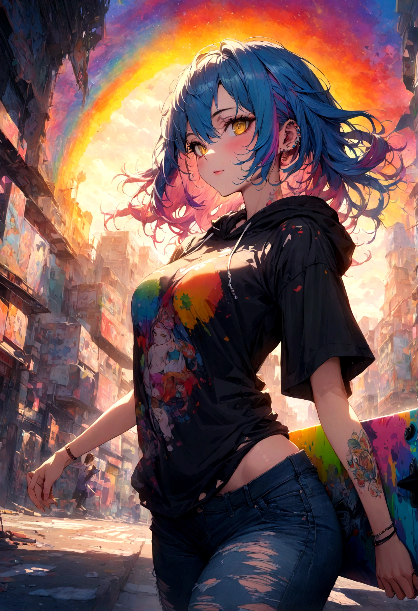 The most beautiful and sexy skateboard girl, rainbow colored hair, yellow eyes, wearing hoodie, graphic t-shirt, torn skinny jeans and highly detailed skateboard gear, tons of tattoos and piercings, highly detailed background, perfect masterpiece, high quality, high resolution