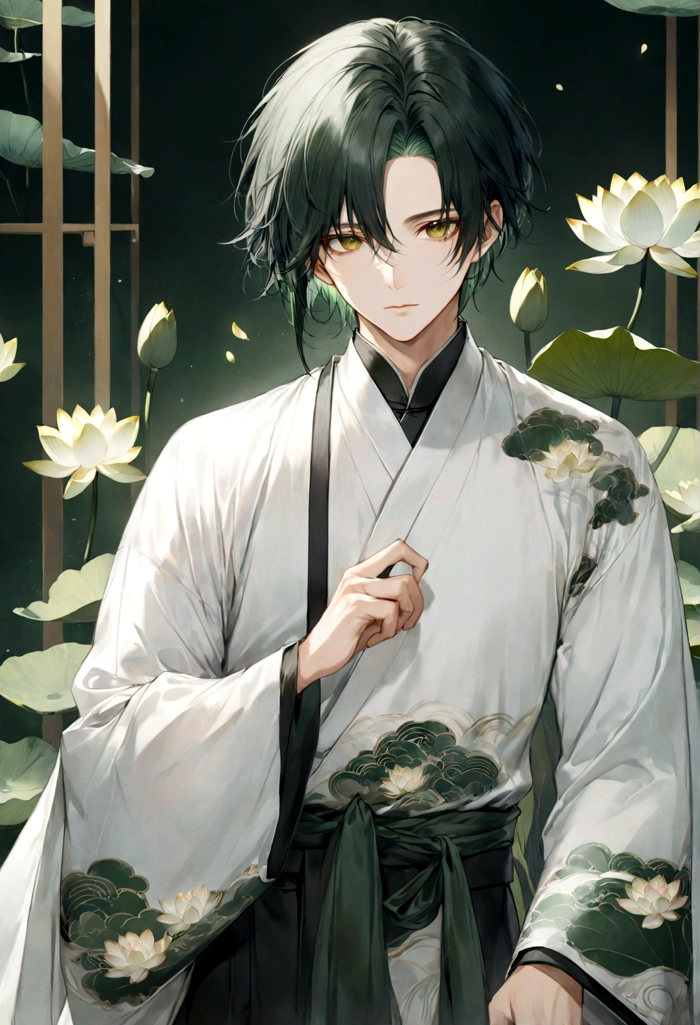 ((top-quality)), ((masterpiece)), ((ultra-detailliert)), (extremely delicate and beautiful), handsome man, dark green hair, short hair, golden eyes, serene expression, wearing wuxia styled robes, sleeves are sheer and silky, white sleeves, white robes with green patterns, lotus flowers on robe, dark pants, white lotus flowers in the background
