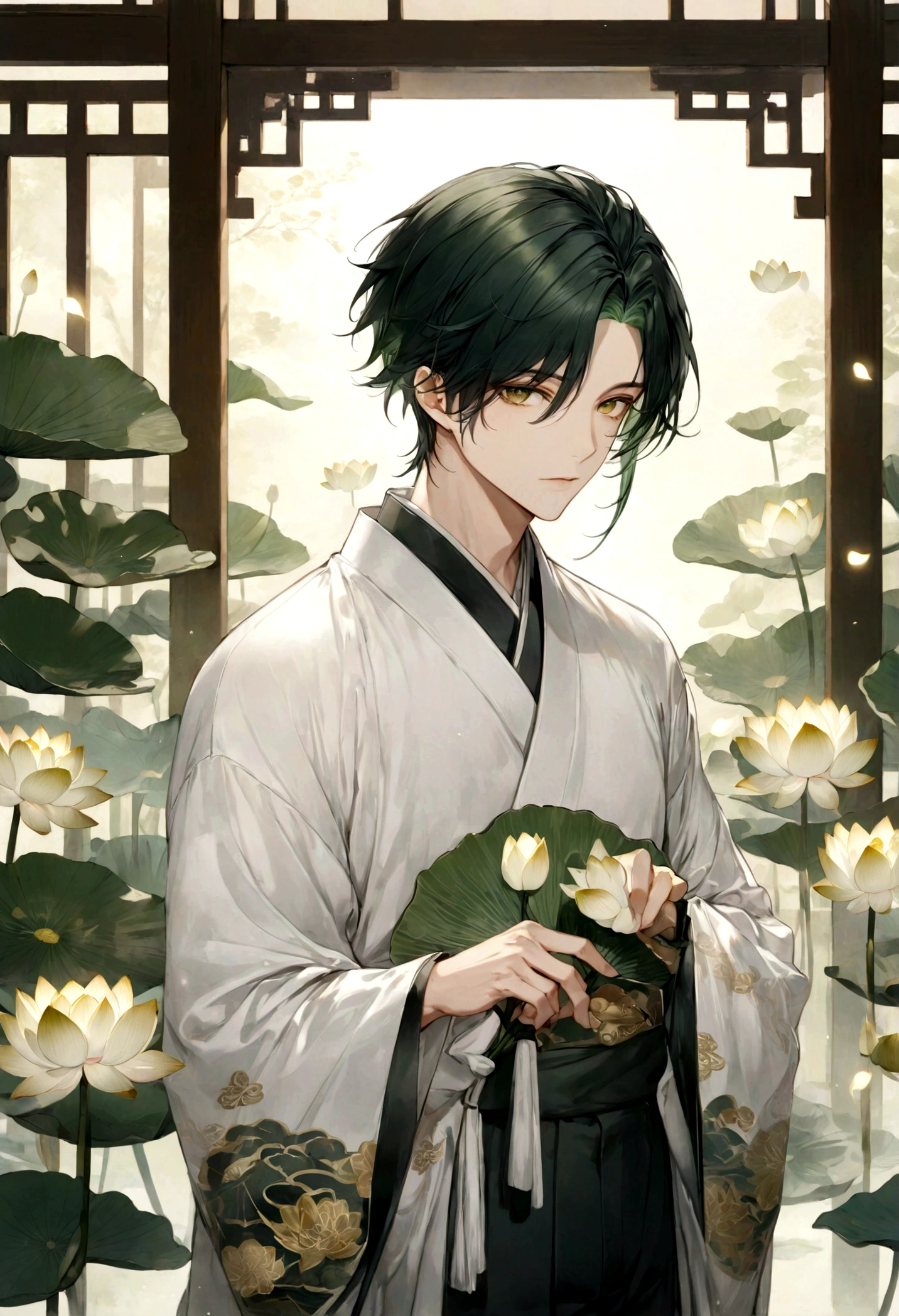 ((top-quality)), ((masterpiece)), ((ultra-detailliert)), (extremely delicate and beautiful), handsome man, dark green hair, short hair, golden eyes, serene expression, wearing wuxia styled robes, sleeves are sheer and silky, white sleeves, white robes with green patterns, lotus flowers on robe, dark pants, white lotus flowers in the background