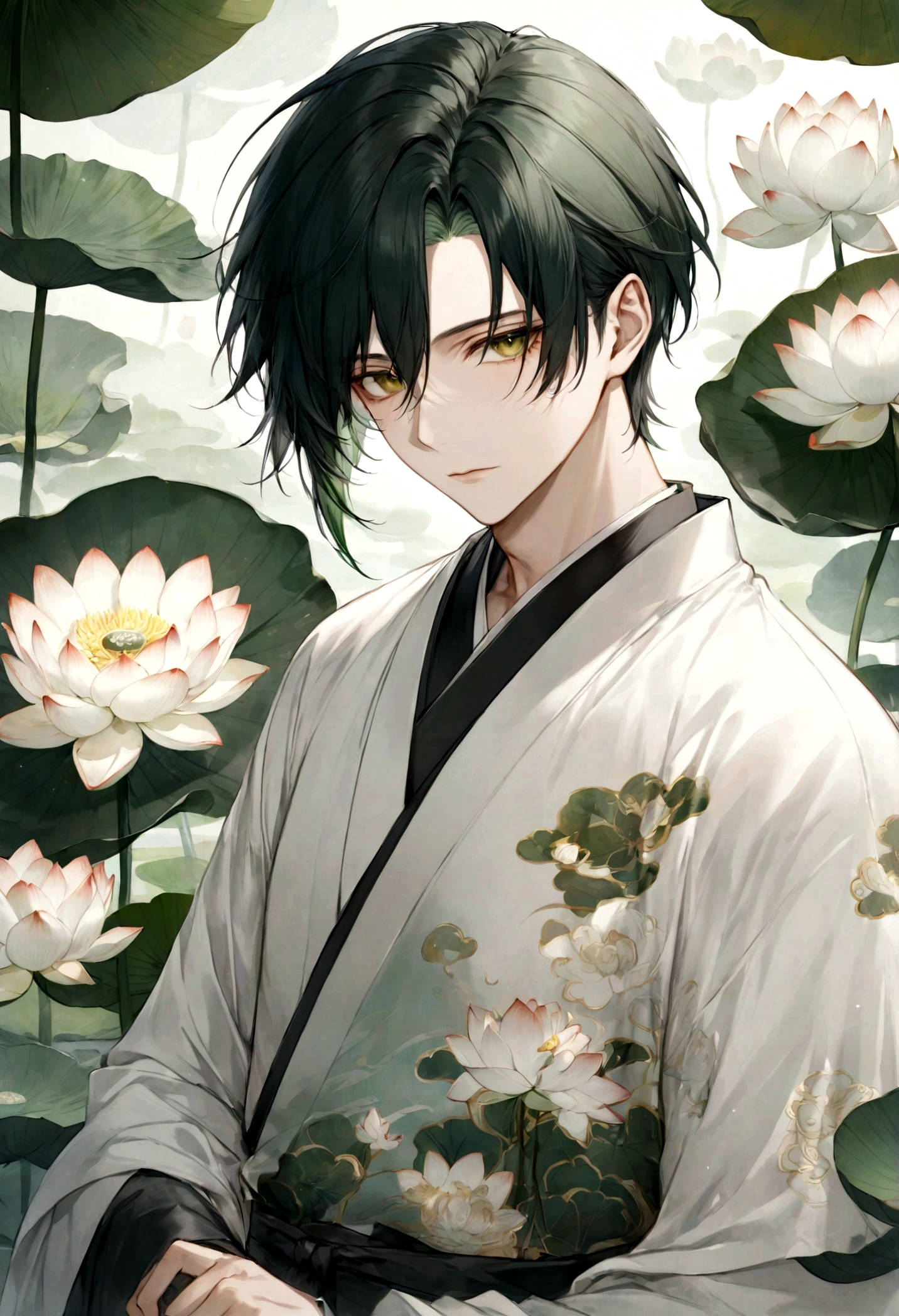 ((top-quality)), ((masterpiece)), ((ultra-detailliert)), (extremely delicate and beautiful), handsome man, dark green hair, short hair, golden eyes, serene expression, wearing wuxia styled robes, sleeves are sheer and silky, white sleeves, white robes with green patterns, lotus flowers on robe, dark pants, white lotus flowers in the background