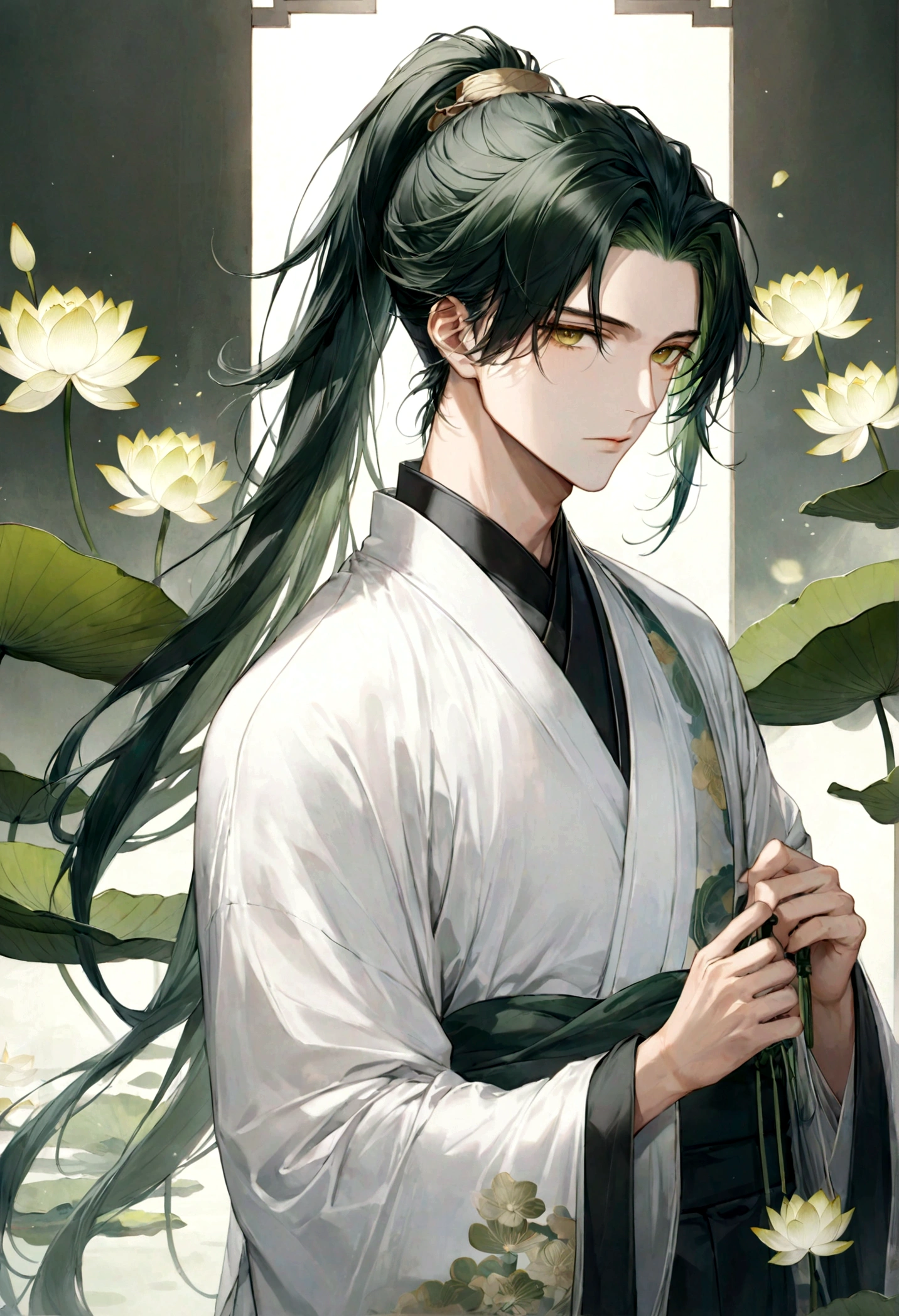 ((top-quality)), ((​masterpiece)), ((ultra-detailliert)), (extremely delicate and beautiful), handsome man, dark green hair, long straight hair, high ponytail hairstyle, golden eyes, serene expression, wearing wuxia styled robes, sleeves are sheer and silky, white sleeves, white robes with green patterns, lotus flowers on robe, dark pants, white lotus flowers in the background