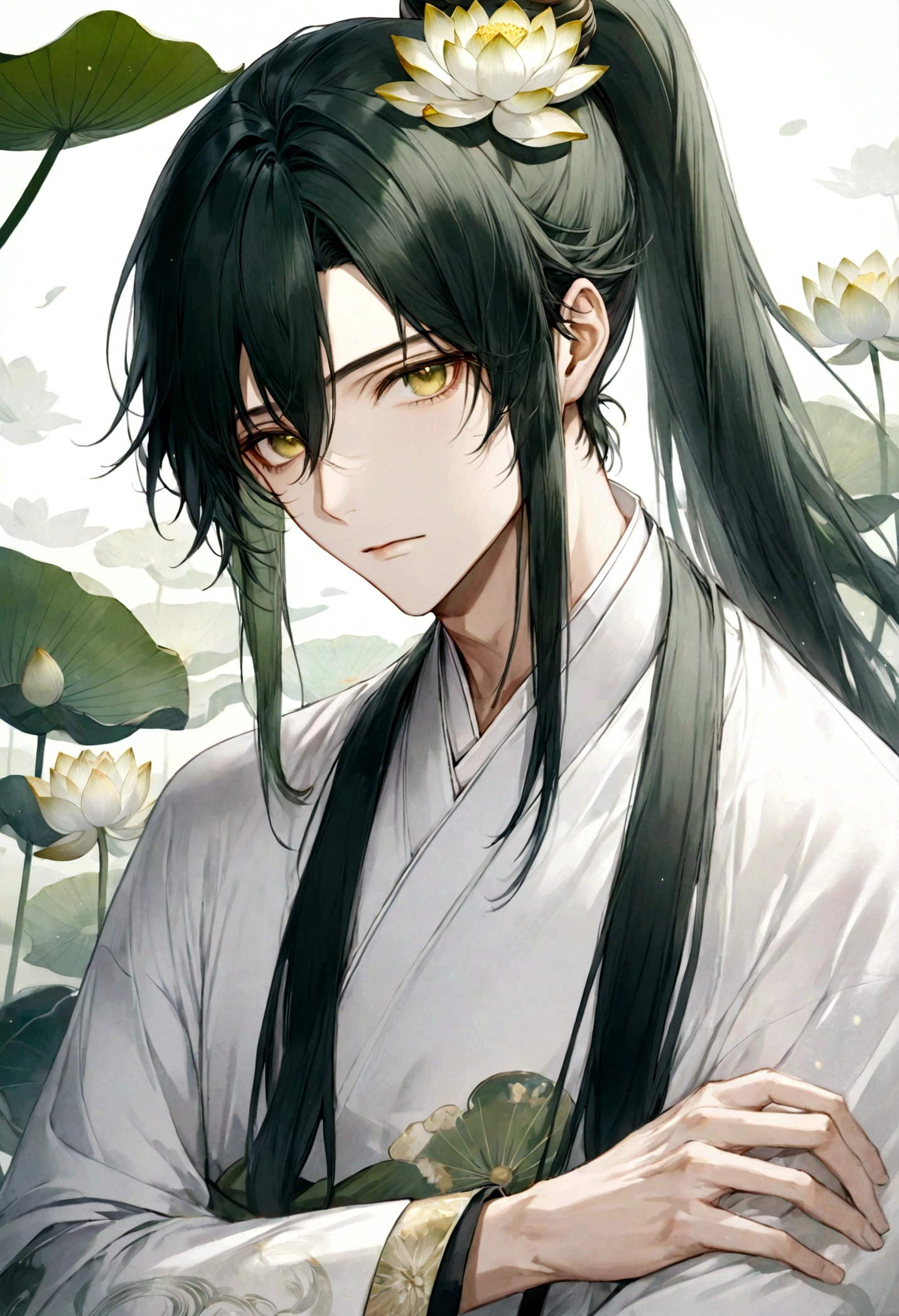 ((top-quality)), ((masterpiece)), ((ultra-detailliert)), (extremely delicate and beautiful), handsome man, dark green hair, long straight hair, high ponytail hairstyle, golden eyes, serene expression, wearing wuxia styled robes, sleeves are sheer and silky, white sleeves, white robes with green patterns, lotus flowers on robe, dark pants, white lotus flowers in the background