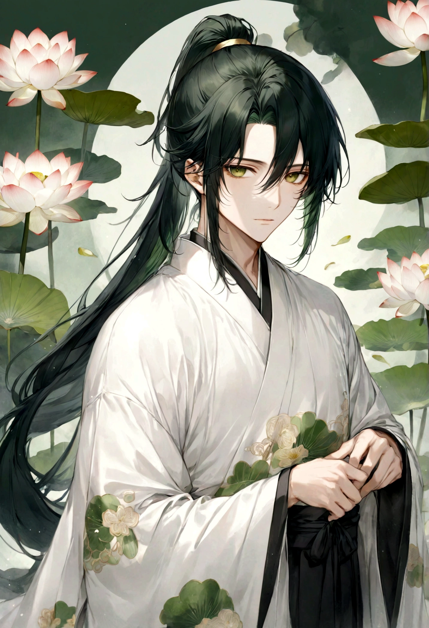 ((top-quality)), ((​masterpiece)), ((ultra-detailliert)), (extremely delicate and beautiful), handsome man, dark green hair, long straight hair, high ponytail hairstyle, golden eyes, serene expression, wearing wuxia styled robes, sleeves are sheer and silky, white sleeves, white robes with green patterns, lotus flowers on robe, dark pants, white lotus flowers in the background