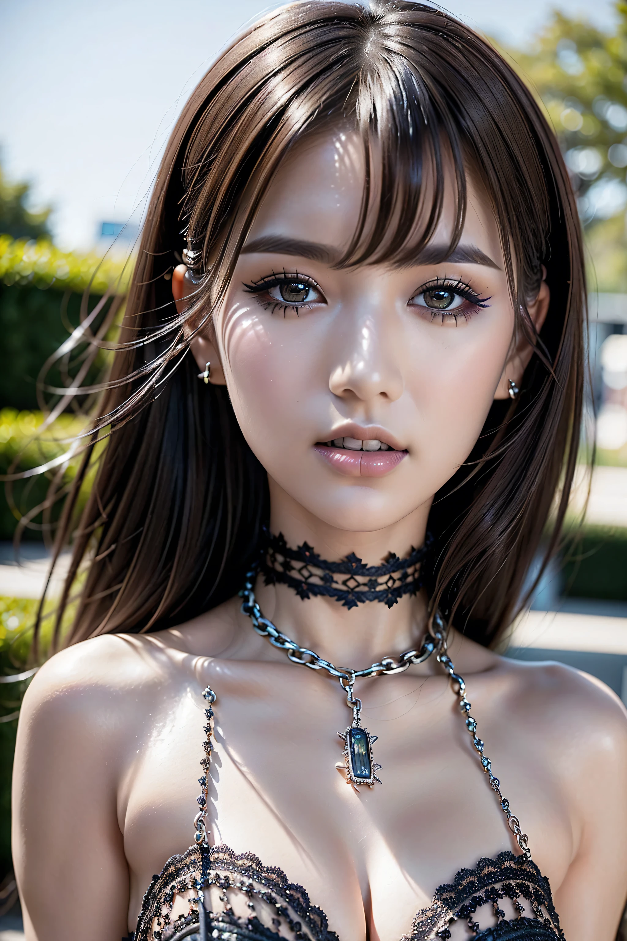photorealistic Realism 32K Quality, (Hyper absurd quality, extremely detailed detail, hyper resolution, clear sharp focus, not blurry, (Realistic brown_eyes:1.25)), ((perfect dark_eyeshadows:1.45)), (super Detailed, beautiful little nose:1.2), (perfect composition), (upper body shot), ((close up of her face)), beautiful cheekbones, double eyelids, dslr, best high quality soft lighting, sharp focus captured by Fujifilm XT3, f 5.6, in a dramatic lighting, ((perfect composition)), ((pale skin)), ((dry skin)), sexy stylish Swedish model, only 1 female, ((doll-like appearance)), long pink stylish hair, (big smile), ((sexy Punk ta cosplay)), unconventional skirt, petticoats, high neckline, (ultra details lace), (ultra details embroidery), extremely detailed detail, (tartan patterns, (chains), (spikes), (safety pins), Punk Loliccessoires, Punk Lolita cr), ((large sparkling Punk Lolita jewel, cinematic light, detailed large park background with trees v