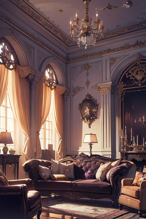 Interior, victorian Manor with reliquies, (((Nigth))), (((moonligth enters the living room))) soft pale orange palette, soft violet secundary exterior ligth