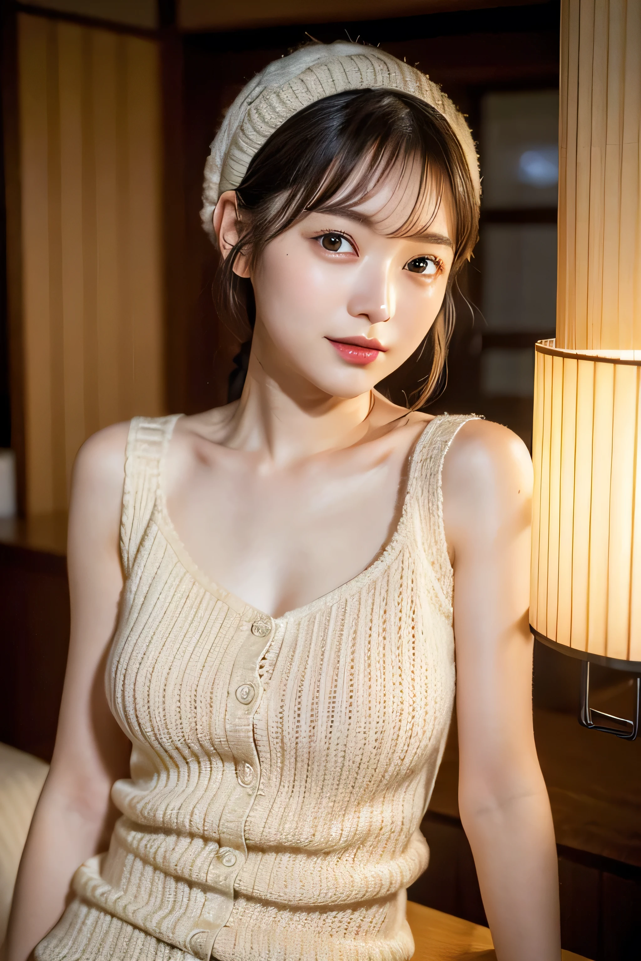 (natta:1.7), East Asian Architecture, 1 girl,  sixteen years old、Colossal tits　Beautiful shiny straight semi-long、Beautiful fingers,Beautiful long legs,Beauty Body，Cute nose，Beautiful character design，perfect  eyes，face perfect，looking at viewert，（Innocent_Big_Eyes：1.0），（light_Smile：0.3），offcial art，ighly detailed ，（tmasterpiece:1.0),(best_quality:1.0), 超A high resolution,4K,ultra - detailed, photography of, 8K, nffsw, hight resolution, the background is blurred, (Beautiful_Face:1.5),(8K,Raw photo, 、Relax at a ryokan in Japan、(The background is a café restaurant at night:1.3),(White tank top&White Beige Shoulder Length Knit Cardigan、Plaid Flared Micro Mini Skirt:1.3),(Colossal tits) Backgrounds with depth　Three-dimensional feeling　((White Beige Knitted Camisole、Thin string:1.4)) (Beautiful large breast:1.2
),　(Sitting leaning forward with your chest proudly on the table:1.3)