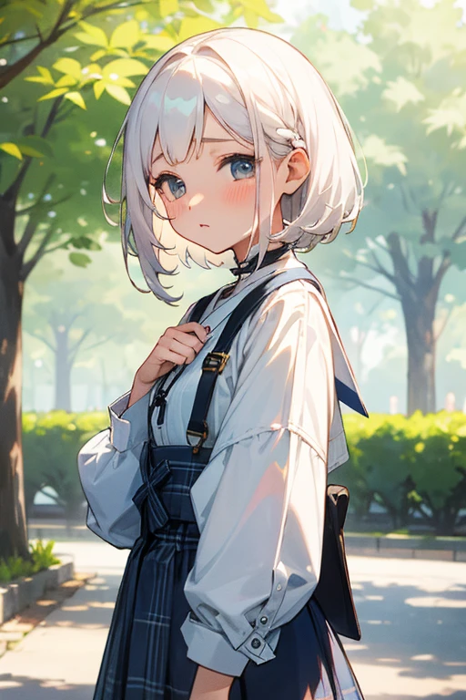 Short white hair, blush, Navy and white checked outfit、Braiding、The background is a park、Keep the image of your face、