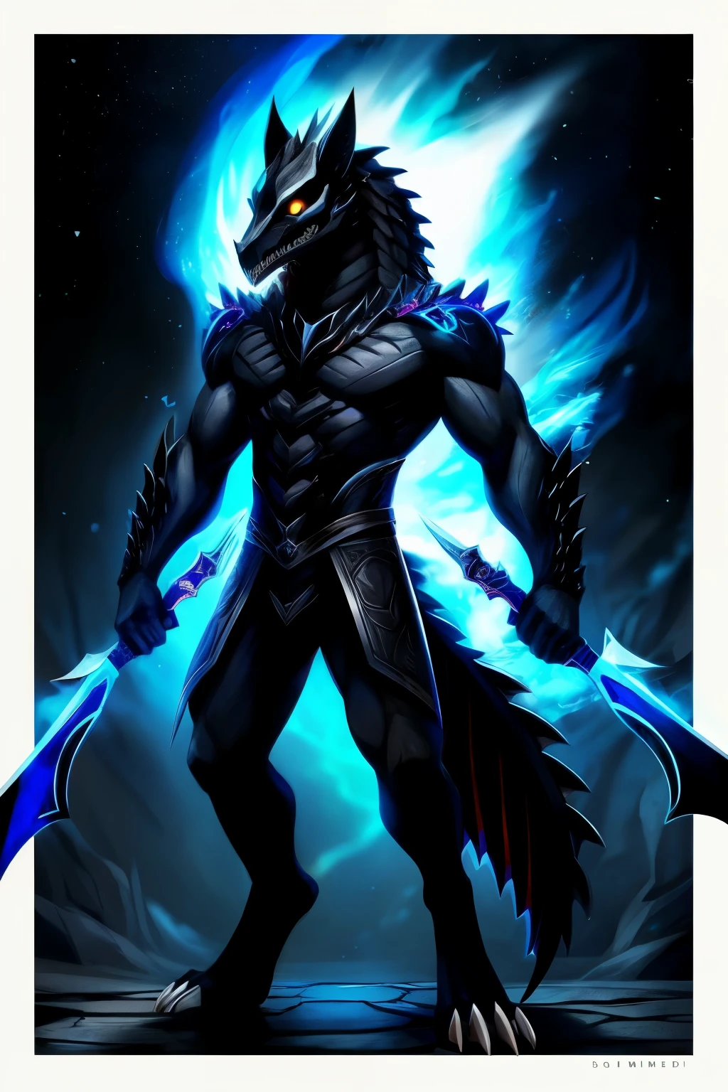 full body shot of male humanoid dark wolf that is mostly covered with dark fur, obsidian scales and plates, red energy sometimes glowing from between the cracks. However, his head, spine and clavicles appear to be made from exposed bone, resulting in these features being a contrasting white. Large plates with dorsal spines cover the back of his head and neck, above his shoulders, the very top one being white. As for his head, it has been described as a wolf skull-face with a hole for a nose, and sharp, exposed teeth. His eyes are black sclera with a white iris. he has a dragon tail with the axe tail tip covered in blue flames. he has white claws. wielding black hole sword