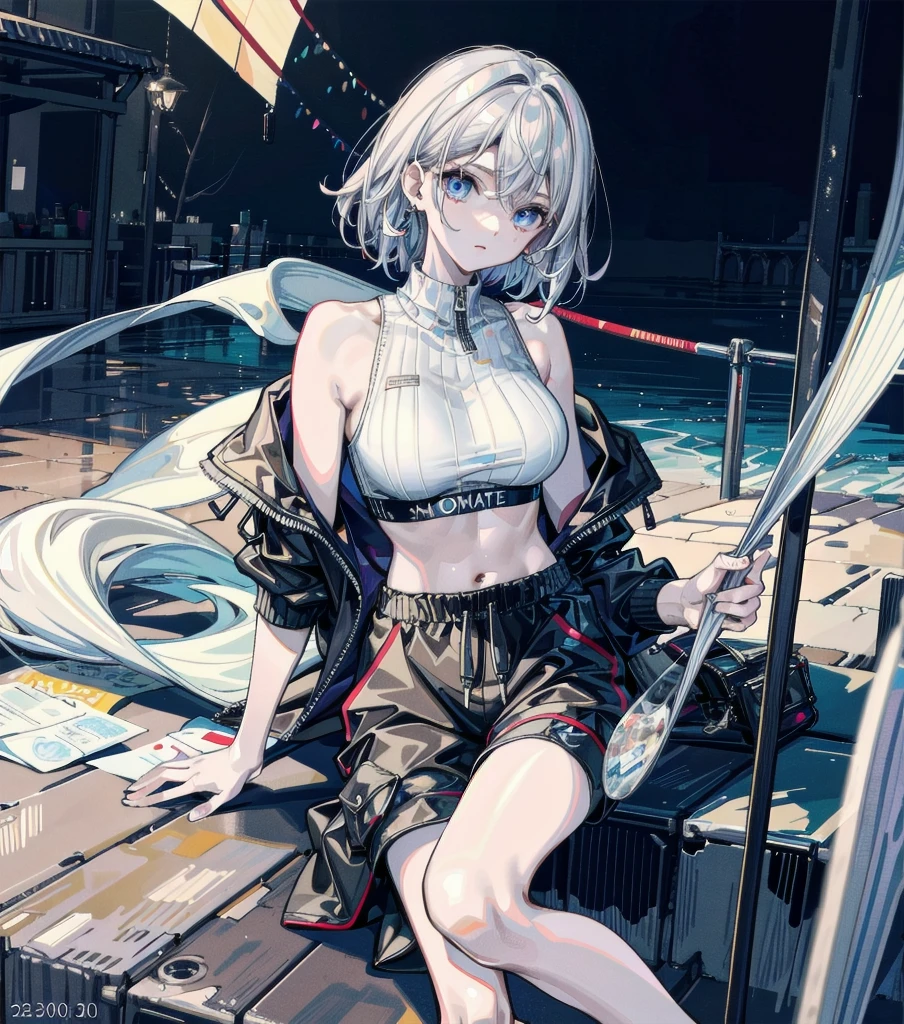 absurdres, RAW photo, extremely delicate and beautiful, masterpiece, Best Quality, ultra high resolution, 32k, hyperrealistic, ultra-detailed, detailed description, perfect anatomy, pale skin, 20 years old, detailed beautiful face and eyes, tearful mole, earring, short medium hair, wavy hair, full body shot, big tits, tracksuit shorts, hoodie, crop top,
