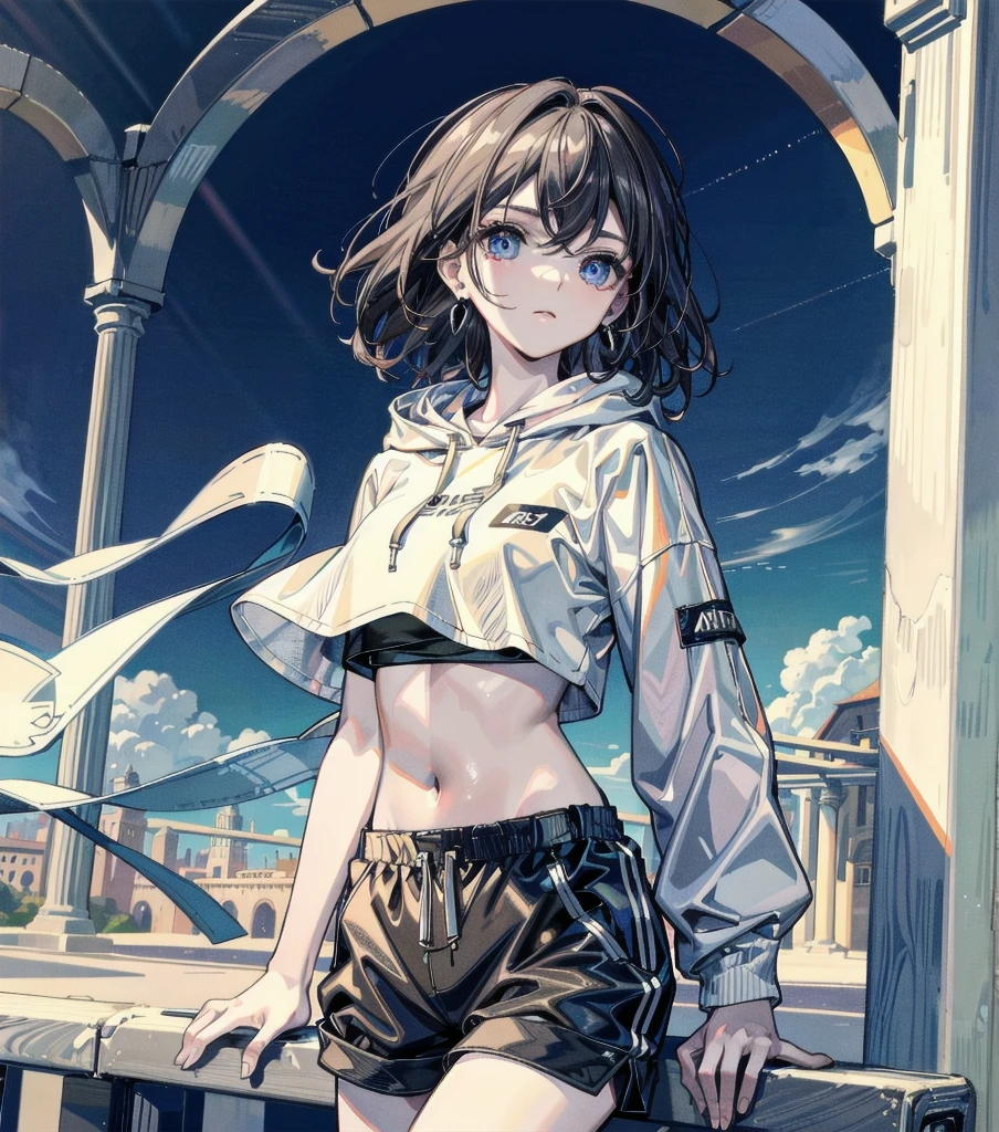absurdres, RAW photo, extremely delicate and beautiful, masterpiece, Best Quality, ultra high resolution, 32k, hyperrealistic, ultra-detailed, detailed description, perfect anatomy, pale skin, 20 years old, detailed beautiful face and eyes, tearful mole, earring, short medium hair, wavy hair, full body shot, big tits, tracksuit shorts, hoodie, crop top,