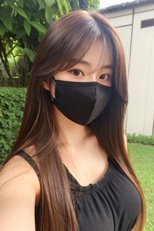 One girl, Japanese, cute sister, semi-long hair, brown hair color, wearing a mask, selfie, background is outside view, upper body only, face close, realistic girl, top quality image,