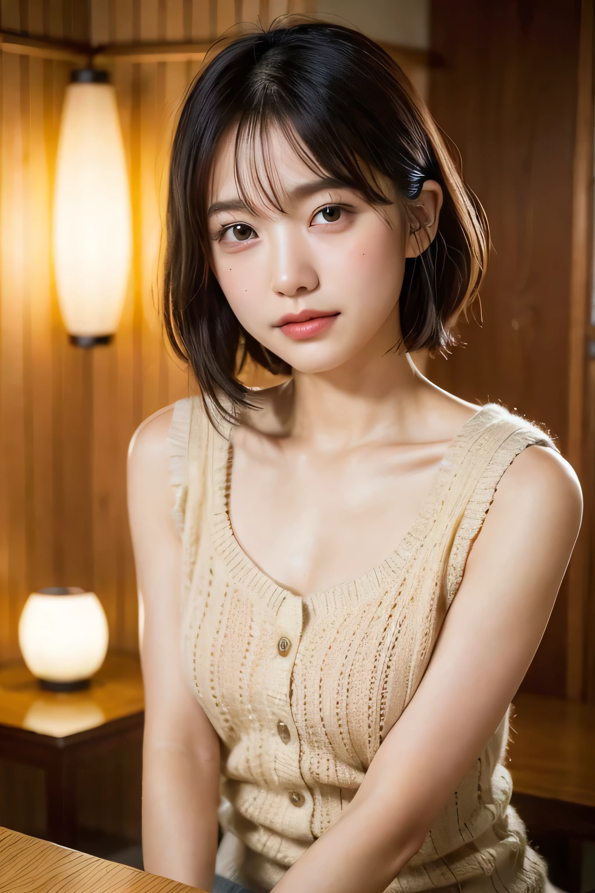 (natta:1.7), East Asian Architecture, 1 girl, sixteen years old、Colossal tits Beautiful shiny straight semi-long、Beautiful fingers,Beautiful long legs,Beauty Body,Cute nose,Beautiful character design,perfect eyes,face perfect,looking at viewert,(Innocent_Big_Eyes:1.0),(light_Smile:0.3),offcial art,ighly detailed ,(tmasterpiece:1.0),(best_quality:1.0), 超A high resolution,4K,ultra - detailed, photography of, 8K, nffsw, hight resolution, the background is blurred, (Beautiful_Face:1.5),(8K,Raw photo, 、Relax at a ryokan in Japan、(The background is a café restaurant at night:1.3),(White tank top&White Beige Shoulder Length Knit Cardigan、Plaid Flared Micro Mini Skirt:1.3),(Colossal tits) Backgrounds with depth Three-dimensional feeling ((White Beige Knitted Camisole、Thin string:1.4)) (Beautiful large breast), (Sitting leaning forward with your chest proudly on the table:1.3)