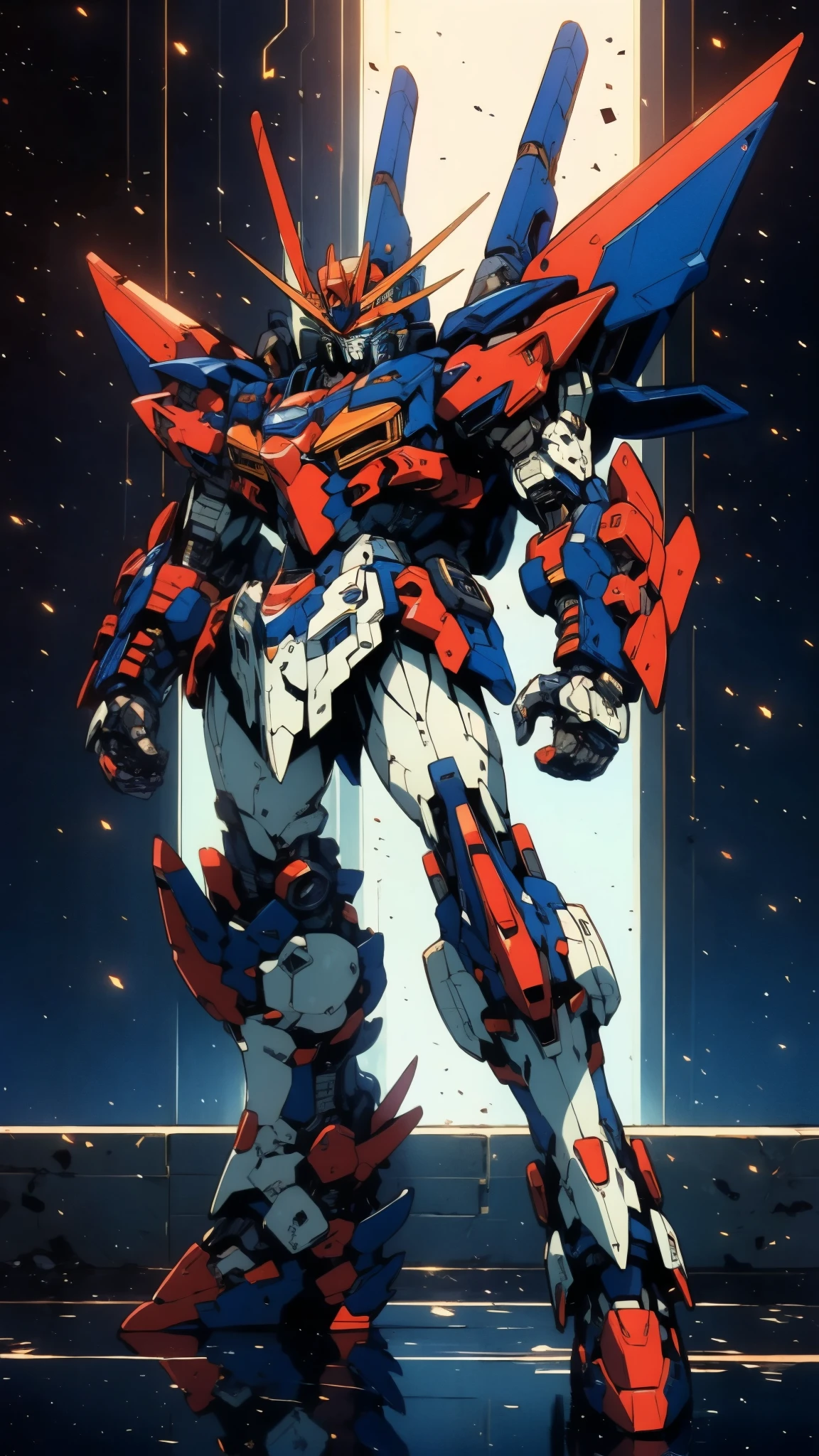 Humanoid Mecha, fully enclosed shoulder guards, matching arm and leg guards, full body, full armor, super robot, the design balances heavy with agility, (the color scheme is primarily white with red and blue accents, the concept Inspired by super robot, composite layered chest armor, pose, standing, floating high above the futuristic sci-fi city), exquisite and mature art style, (aura effect, energy, glowing eyes, the armor glows), ((SRS)), metallic, dramatic, high definition, best quality, highres, ultra-detailed, ultra-fine painting, extremely delicate, professional, perfect body proportions, anatomically correct, symmetrical face, extremely detailed eyes and face, high quality eyes, creativity, RAW photo, UHD, 32k, Natural light, cinematic lighting, masterpiece-anatomy-perfect, masterpiece:1.5