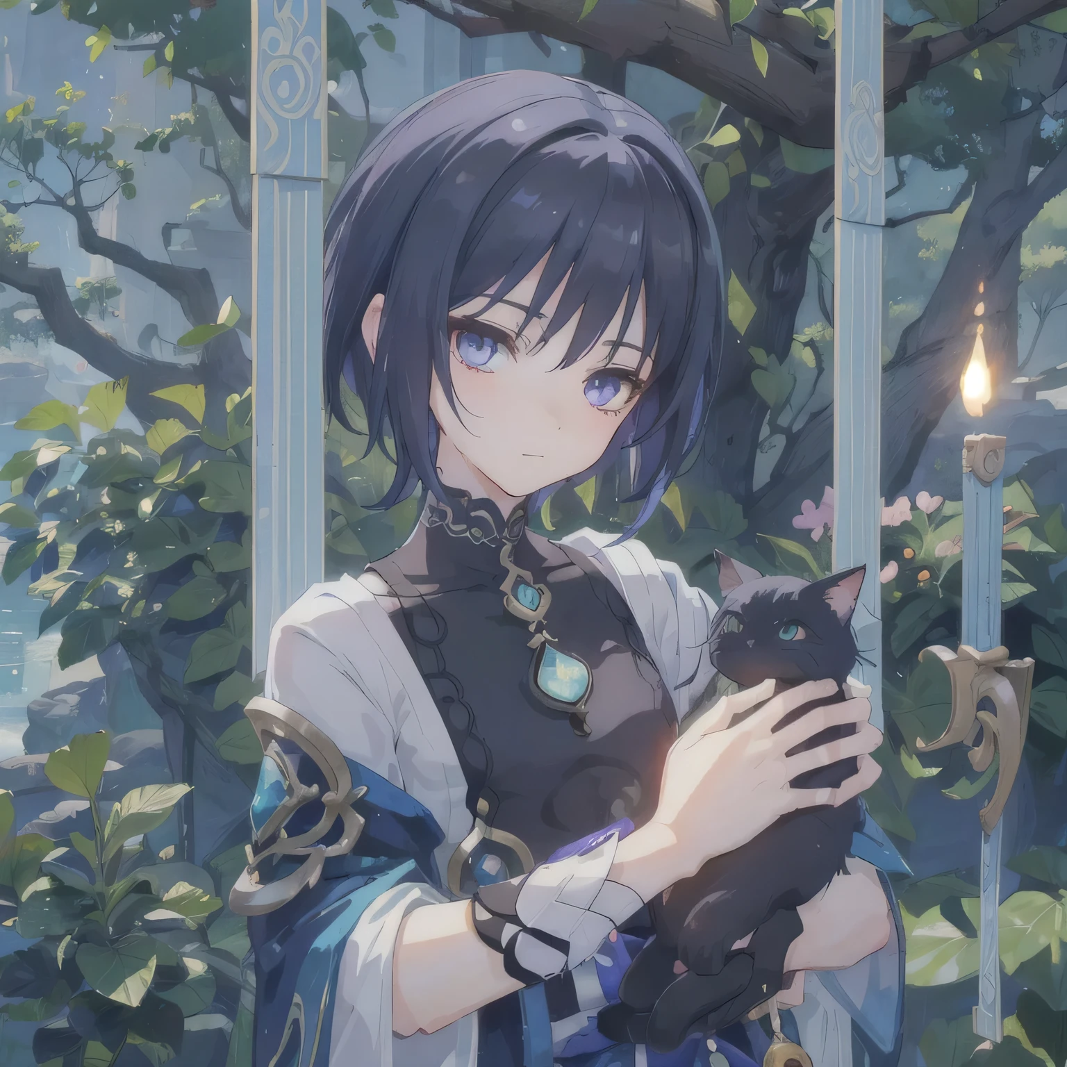 high quality, masterpiece, Delicate facial features, Delicate eyes, Delicate hair, animemanga male, florals, Dreamy style, Fantastic flower garden, Fantasy art style, Anime fantasy illustration, anime art nouveau, A beautiful artwork illustration, 8K high quality detailed art, (Delicate facial portrayal), (Fine hair depiction), (highest quality), (Master masterpieces), (High degree of completion), (a sense of atmosphere), 8k wallpaper, tmasterpiece,Best quality at best, ultra - detailed,
A beautiful, serene half-body illustration of a male, sanbing, holding a black cat. The cat has dark purple eyes, adding to their harmonious appearance. The background is soft and minimalistic, with a warm, calming color palette. The scene is a close-up shot, focusing on the sanbin's upper body and face, with the cat nestled comfortably in his arms. The overall style should be consistent with a warm, peaceful, and gentle atmosphere.
masterpiece,best quality,1boy,sanbing,solo,male focus,upper body,ahoge,blunt ends,looking at viewer,