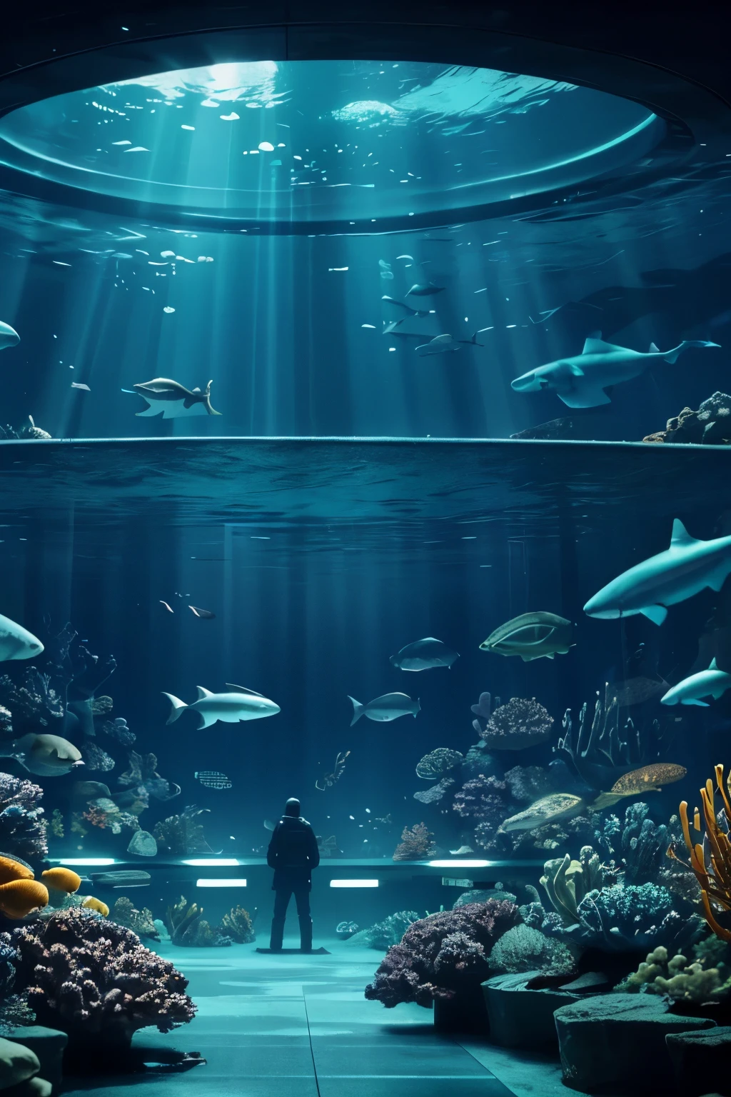 futuristic, huge windows into underwater landscape, fish, cold ambiance, sterile architecture, few people, holograms, shark, dark, spot illumination