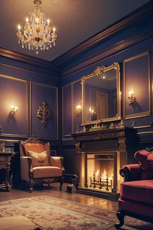 Interior, victorian Manor with reliquies, (((Nigth))), (((moonligth enters the living room))) soft pale orange palette, soft violet secundary exterior ligth