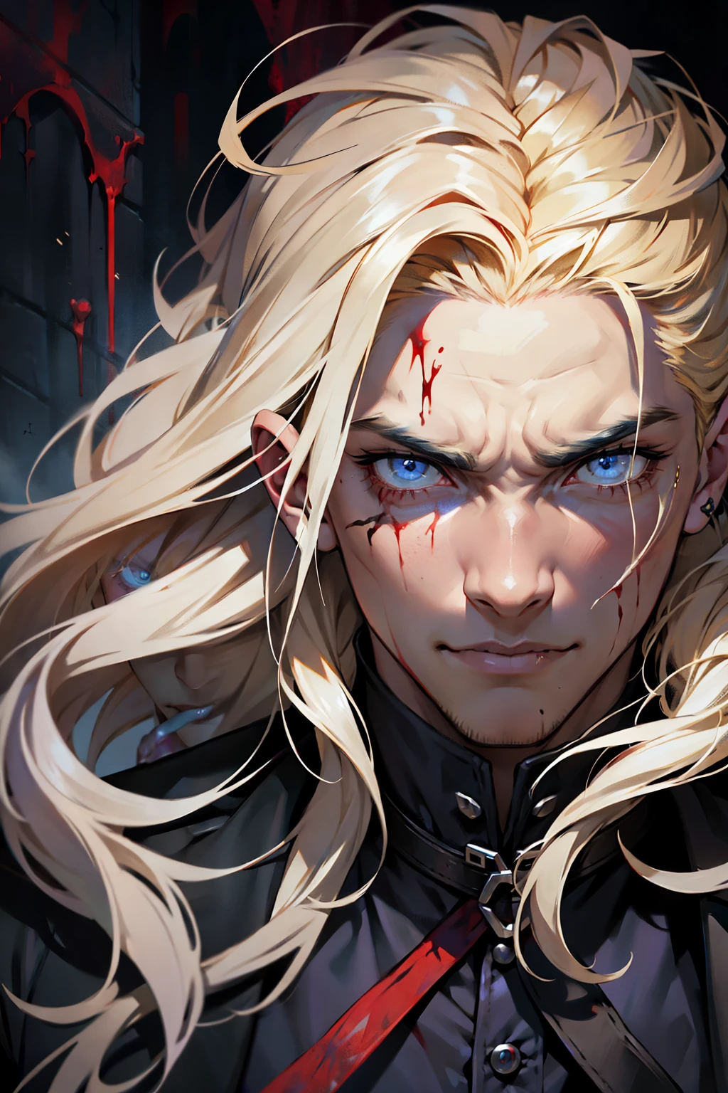 Highly detailed, High Quality, Masterpiece,  PepeSilviaMeme, <lora:PepeSilviaMeme:1>, close-up, 1man, DimitriAfter, blonde hair, armor, cape, solo, paper, wall, blood, blood on face, blood on clothes, expressive, insane, cinematic lighting, <lora:Dimitri:0.9> <lora:LowRa:.4>
