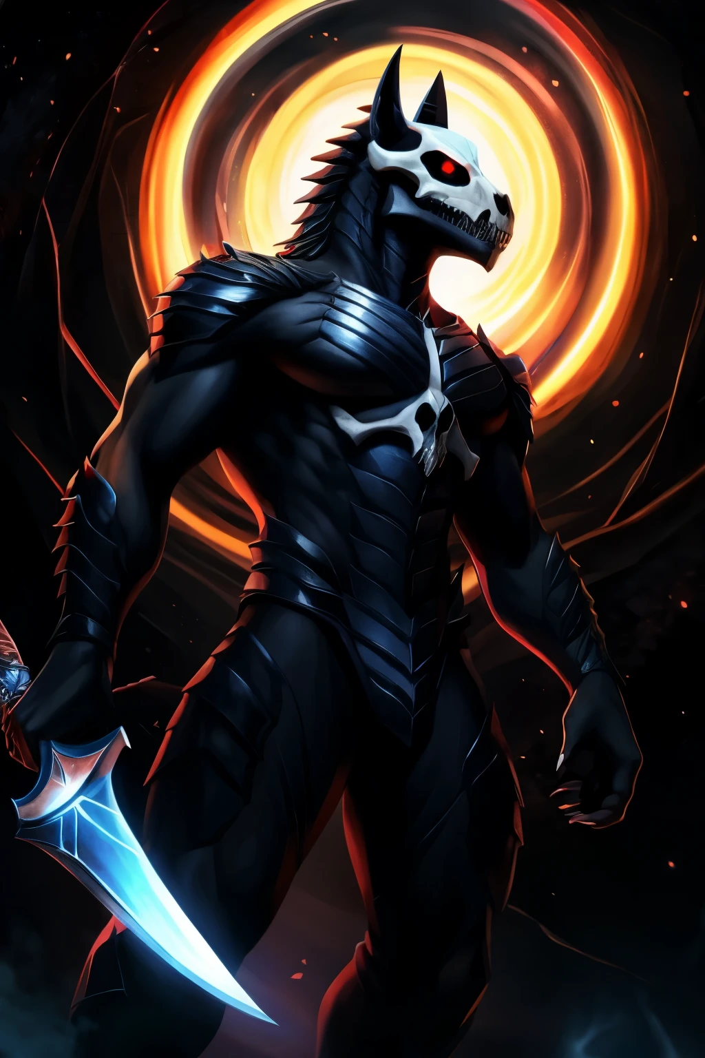 full body shot of male humanoid dark wolf that is mostly covered with dark fur, obsidian scales and plates, red energy sometimes glowing from between the cracks. However, his head, spine and clavicles appear to be made from exposed bone, resulting in these features being a contrasting white. Large plates with dorsal spines cover the back of his head and neck, above his shoulders, the very top one being white. As for his head, it has been described as a wolf skull-face with a hole for a nose, and sharp, exposed teeth. His eyes are black sclera with a white iris. he has a dragon tail with blue flamed tail tip. he has white claws. wielding black hole sword