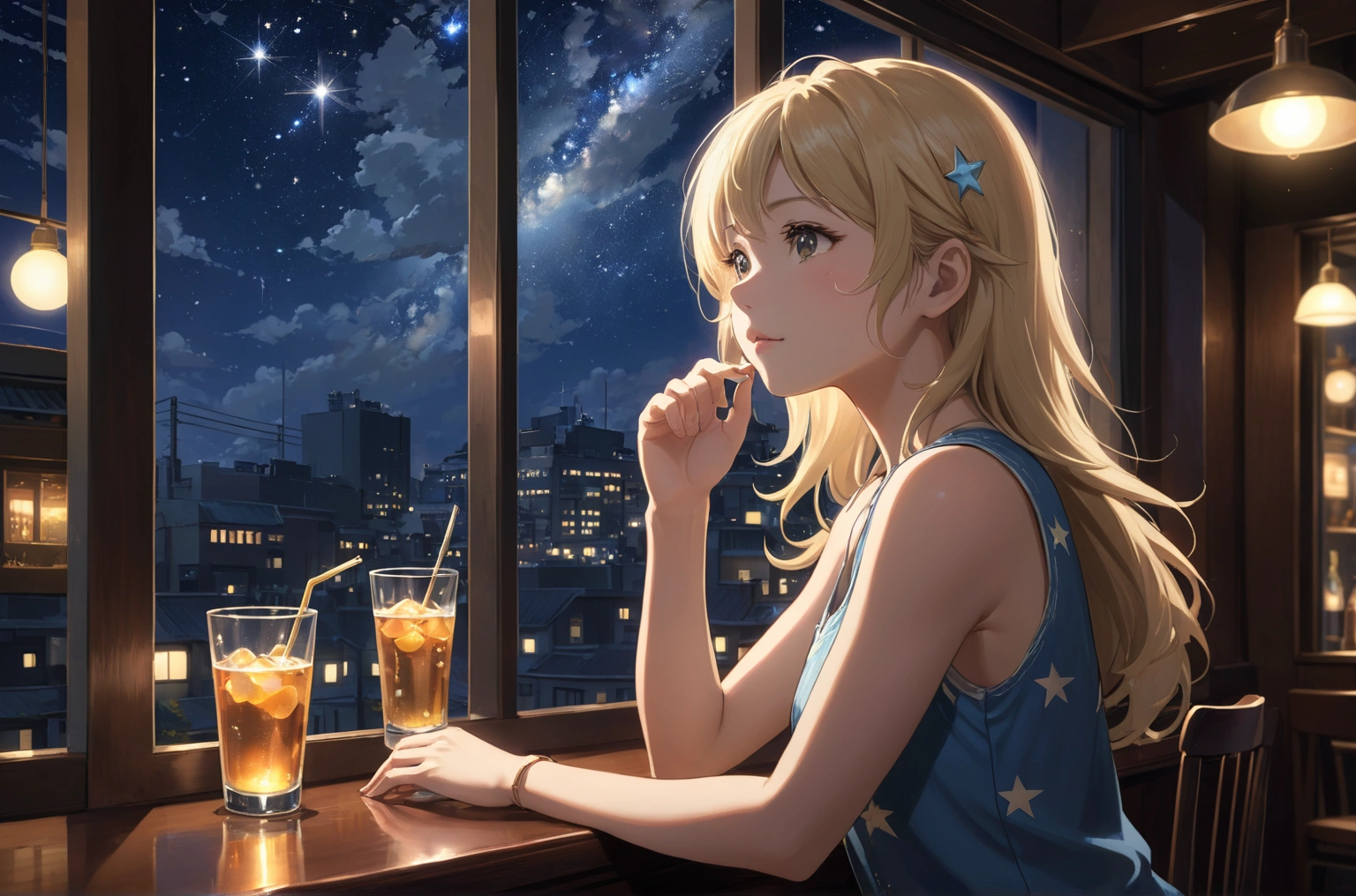 Uses Makoto Shinkai&#39;The depiction is perfect,Julia Roberts portrait,8k 4k masterpiece photo ,Milan,Glass ceiling jazz bar,I can see the twinkling stars through the glass window.,that&#39;Outside in the dark night,Jazz is playing,Beautiful profile,Semi-long hair,Blonde Hair,The left cheek is visible here.,He&#39;s sitting alone at the counter drinking whiskey and water.,Silver tank top dress,Bust is medium large