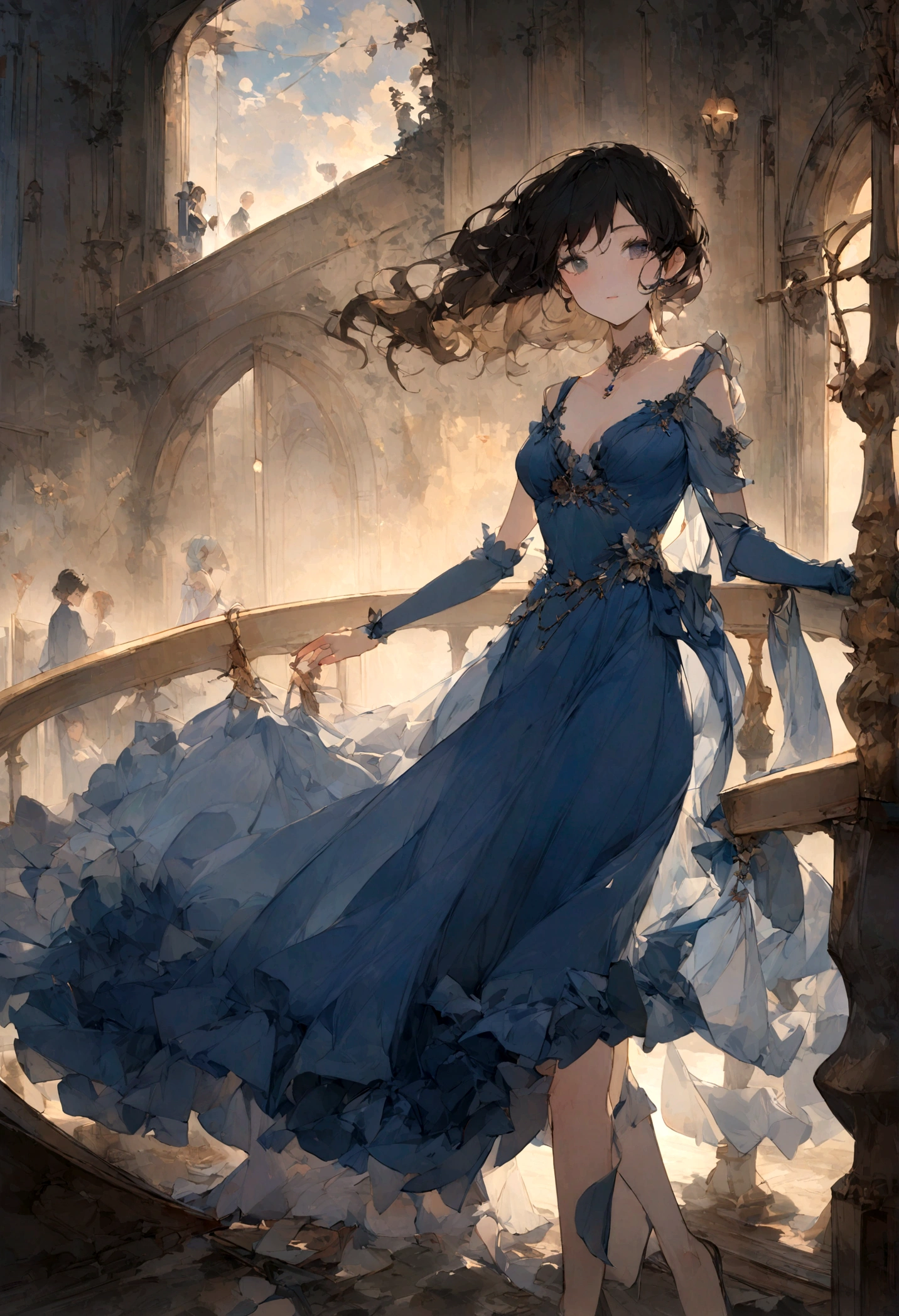 Dark-haired girl in blue dress, Debout sur le pont d'un vieux navire, Un navire, regarde au loin, l'aube, brume légère, Ambiance maussade, Lever de soleil sur la mer