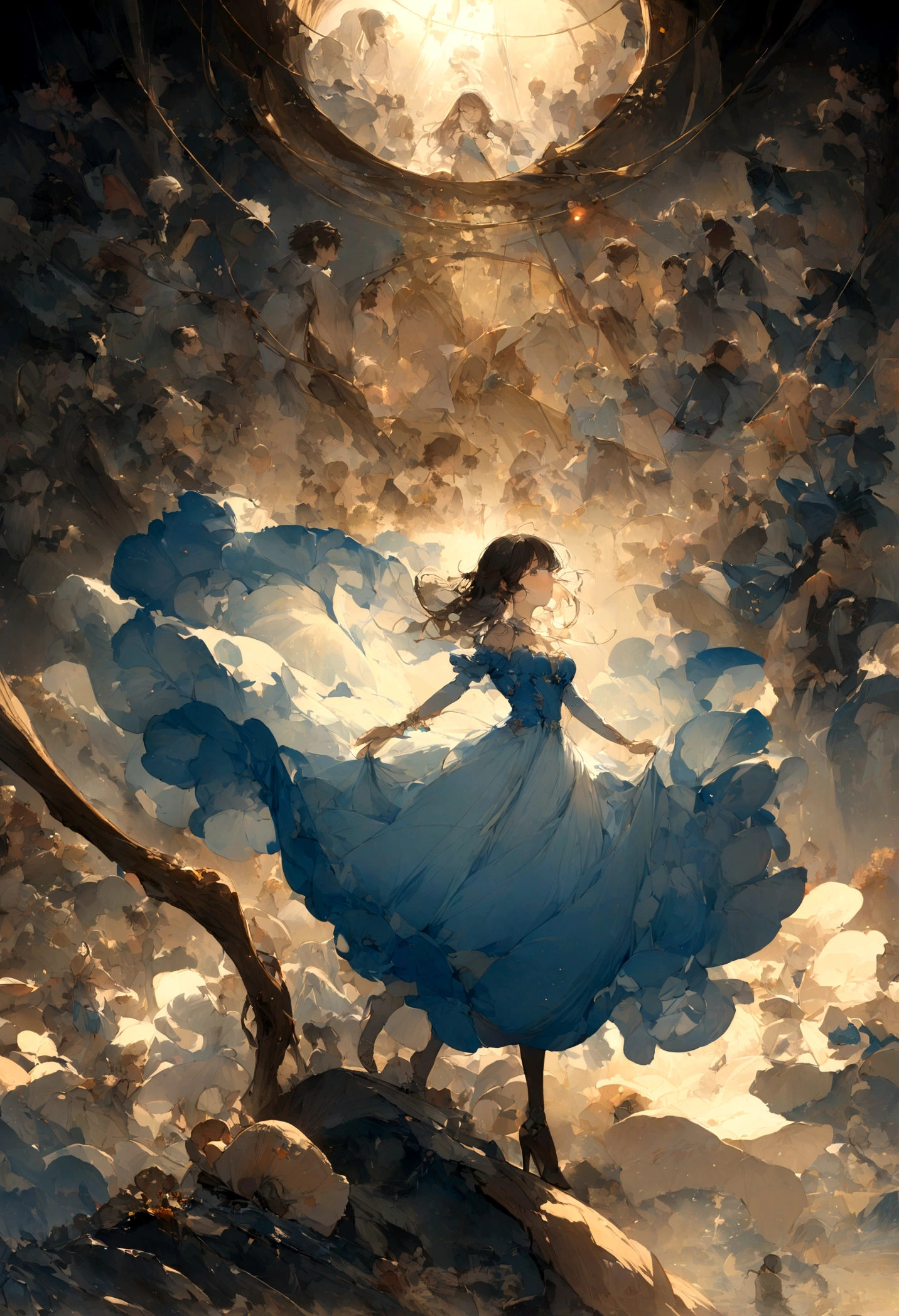 Dark-haired girl in blue dress, Debout sur le pont d'un vieux navire, Un navire, regarde au loin, l'aube, brume légère, Ambiance maussade, Lever de soleil sur la mer