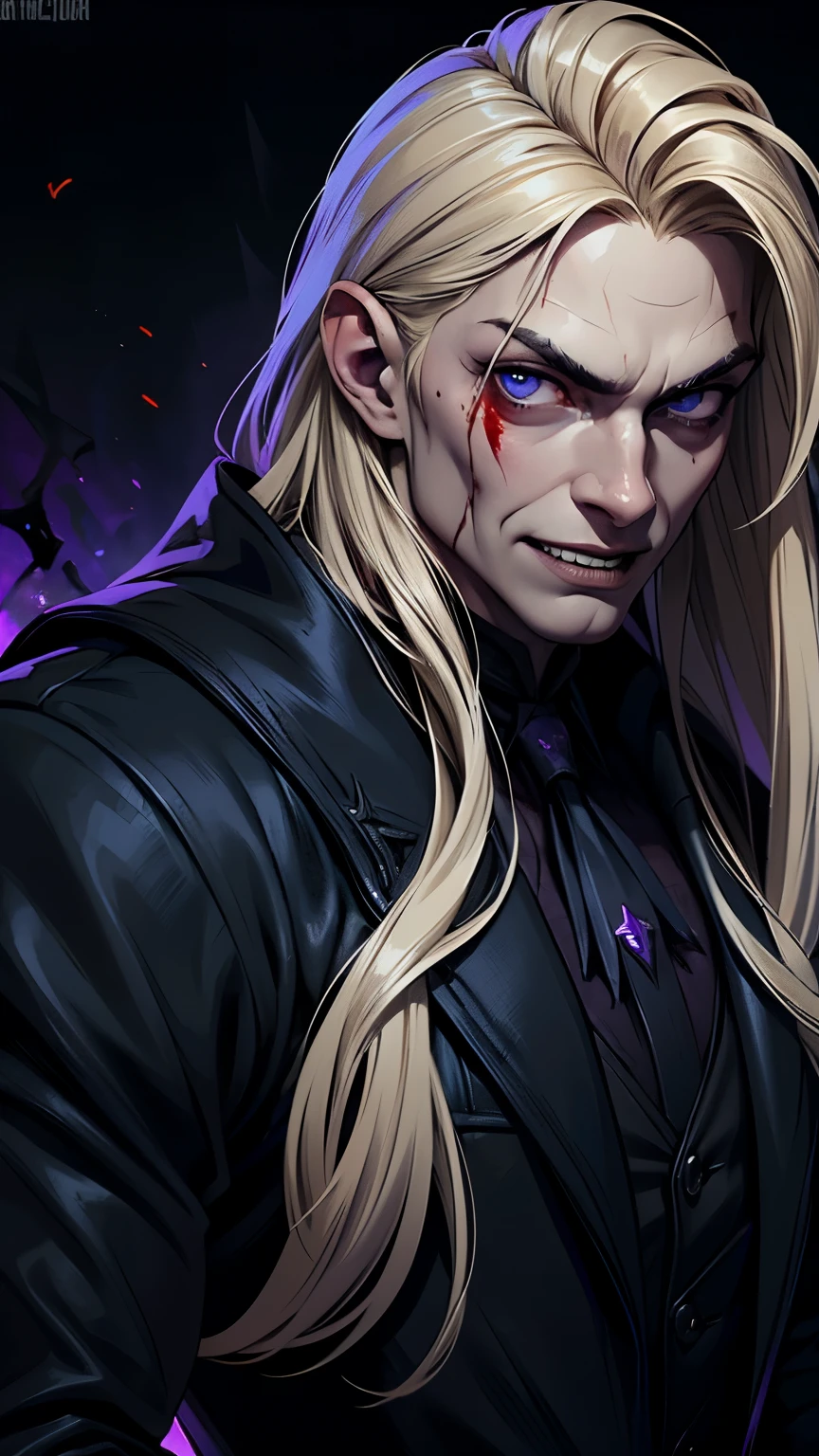 (masculine), (horrifying,shocking),blood-spattered man, male covered in blood,long flowing blond hair, , ((paled skin)) ,expressive eyes,dramatic lighting,gritty and intense,horror portrait,violent,splattered blood,dark and haunting background,close-up of face and body,bloody handprints,terrifying aura,macabre,vivid colors,high contrast, blue eyes, bloddy, masacre, androgynous, perfect face, evil smile, insane, crazy, Black coat, black suit, one young male, beautiful long hair, blond hair, blue eyes, purple victorian shirt, purple jabot, beautiful face, highest quality, wild fighting stance, blood everywhere