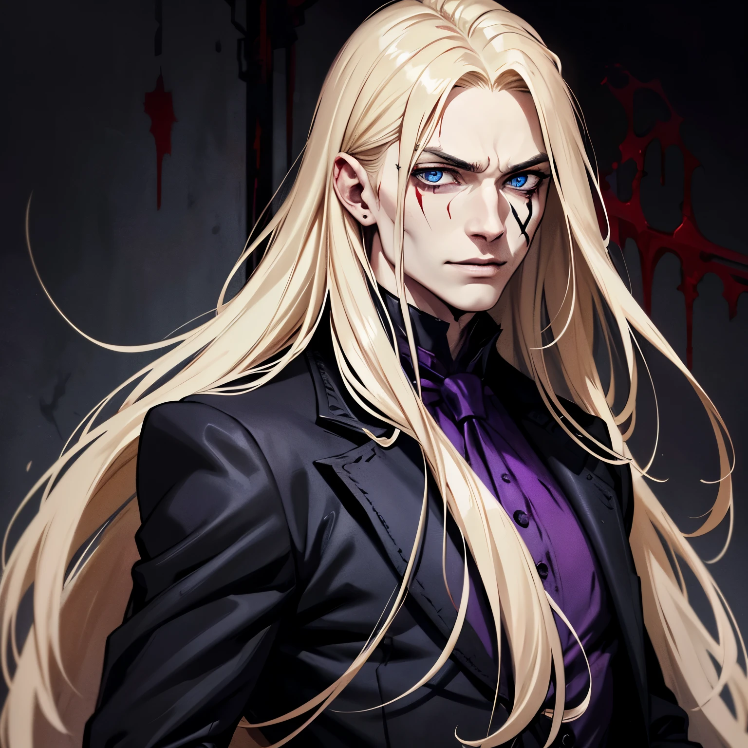 (masculine), (horrifying,shocking),blood-spattered man, male covered in blood,long flowing blond hair, , ((paled skin)) ,expressive eyes,dramatic lighting,gritty and intense,horror portrait,violent,splattered blood,dark and haunting background,close-up of face and body,bloody handprints,terrifying aura,macabre,vivid colors,high contrast, blue eyes, bloddy, masacre, androgynous, perfect face, evil smile, insane, crazy, Black coat, black suit, one young male, beautiful long hair, blond hair, blue eyes, purple victorian shirt, purple jabot, beautiful face, highest quality, wild fighting stance, blood everywhere