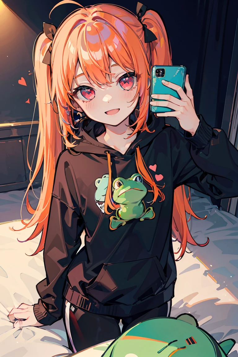 1 girl, Green frog, Frog face hood, Loungewear, Colorful clothes, support, My Room, Selfie, Orange Hair, Long Hair, Twin tails, Bright smile, ribbon, Jump,Pink Eyes, ((Heart Eyes)),stage, Pale background,16 years old, Colorful Hair, Messy Hair, tonality, Romanticism, modern art, Impressionism, reflected light, 8k, masterpiece, Advanced Details, highest quality, Accurate