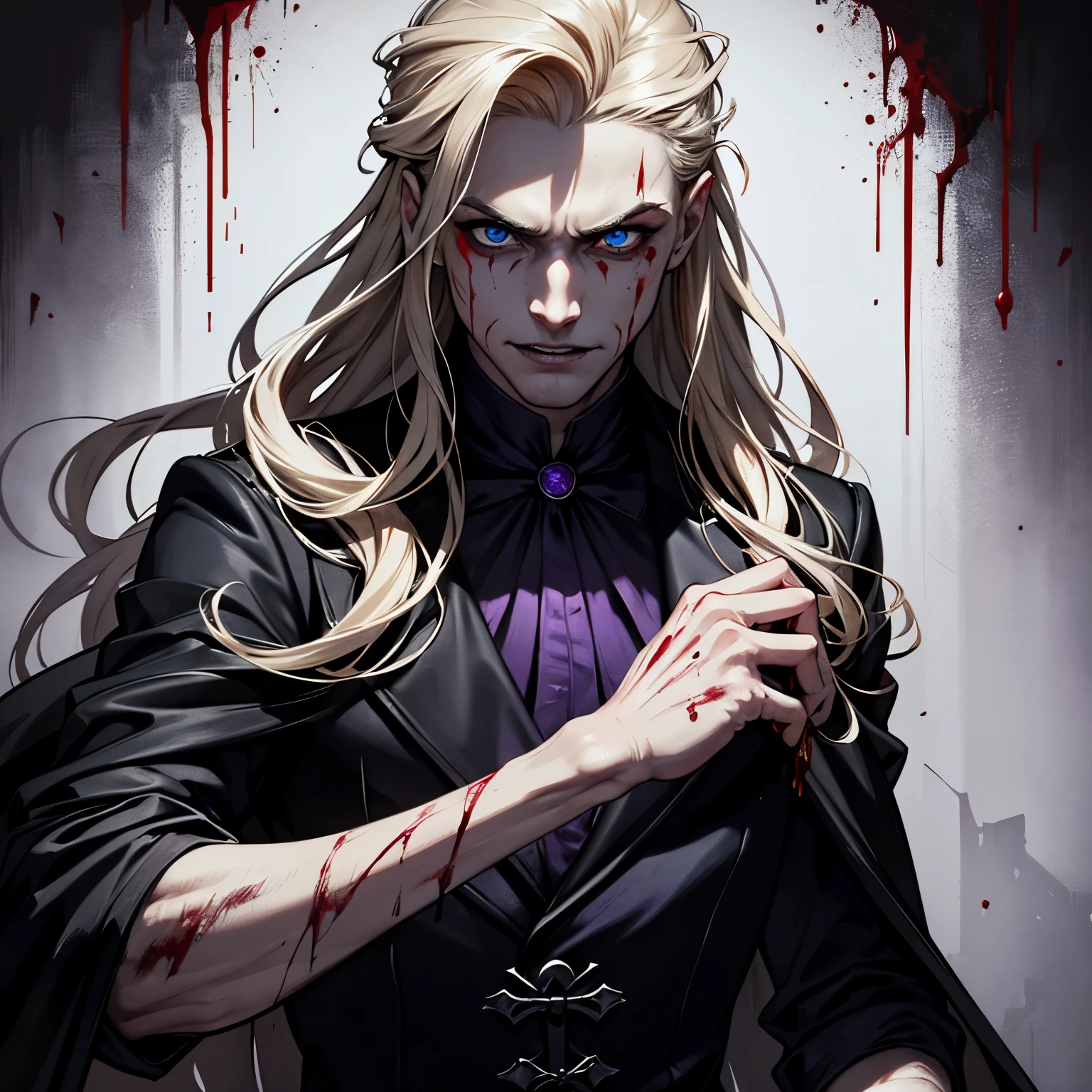 (masculine), (horrifying,shocking),blood-spattered man, male covered in blood,long flowing blond hair, , ((paled skin)) ,expressive eyes,dramatic lighting,gritty and intense,horror portrait,violent,splattered blood,dark and haunting background,close-up of face and body,bloody handprints,terrifying aura,macabre,vivid colors,high contrast, blue eyes, bloddy, masacre, androgynous, perfect face, evil smile, insane, crazy, Black coat, black suit, one young male, beautiful long hair, blond hair, blue eyes, purple victorian shirt, purple jabot, beautiful face, highest quality, wild fighting stance, blood everywhere