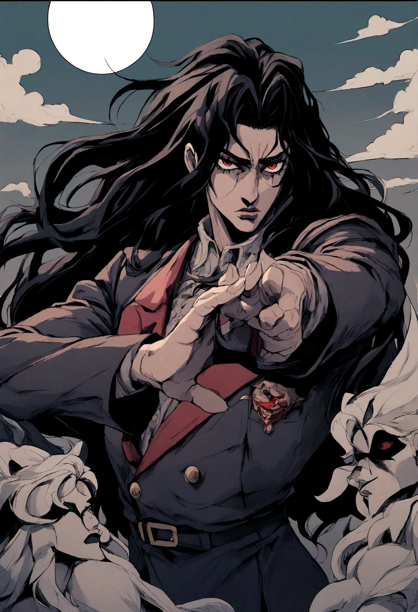 HELLSING ALLUCARD, LONG HAIR RED EYEYS, ULTRA DETAILED WITH ANIME STYLE, COOL POSE, JOJO POSE, EVIL, LONG HAIR, LONG HAIR, BLACK HAIR