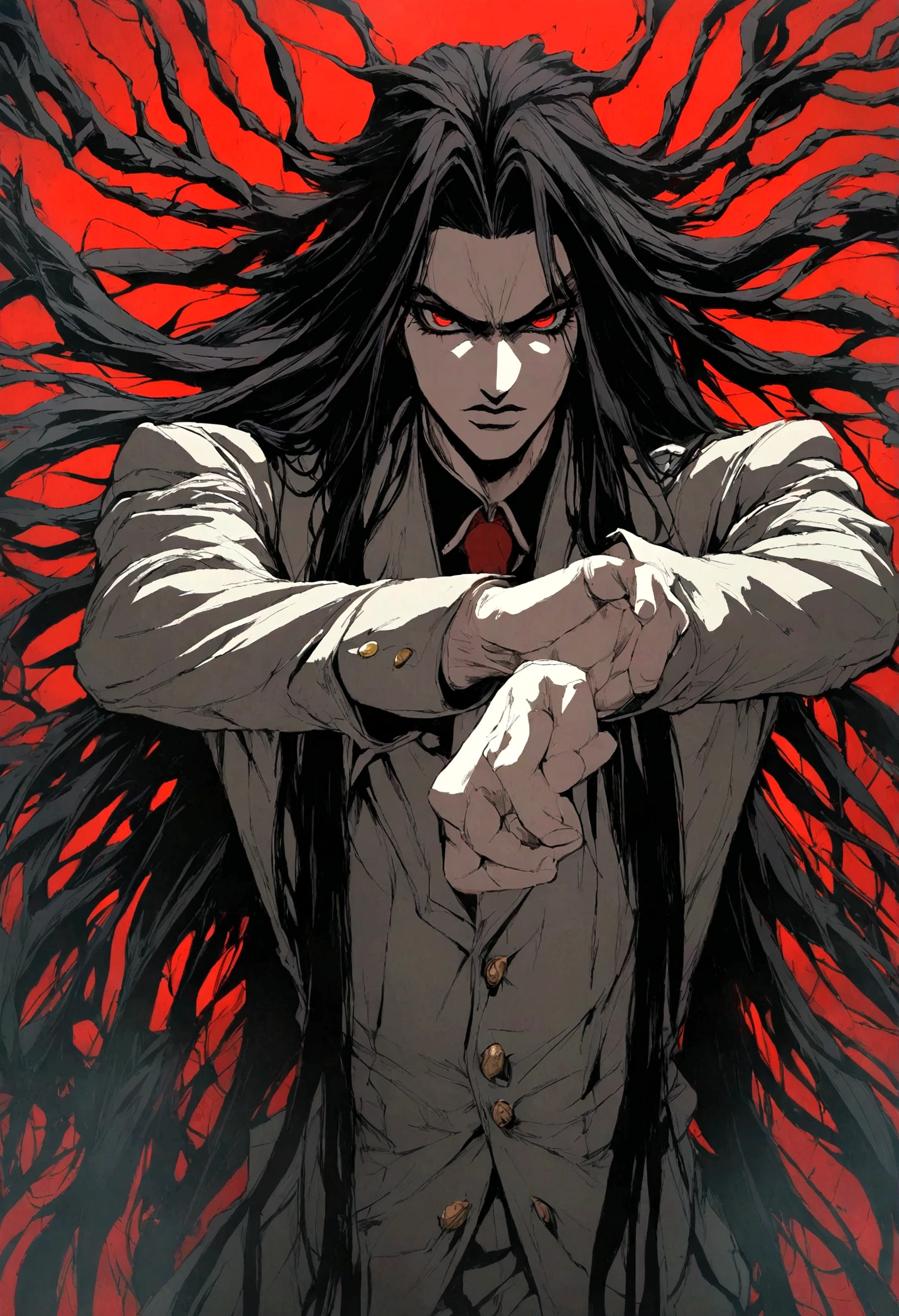 HELLSING ALLUCARD, LONG HAIR RED EYEYS, ULTRA DETAILED WITH ANIME STYLE, COOL POSE, JOJO POSE, EVIL, LONG HAIR, LONG HAIR, BLACK HAIR