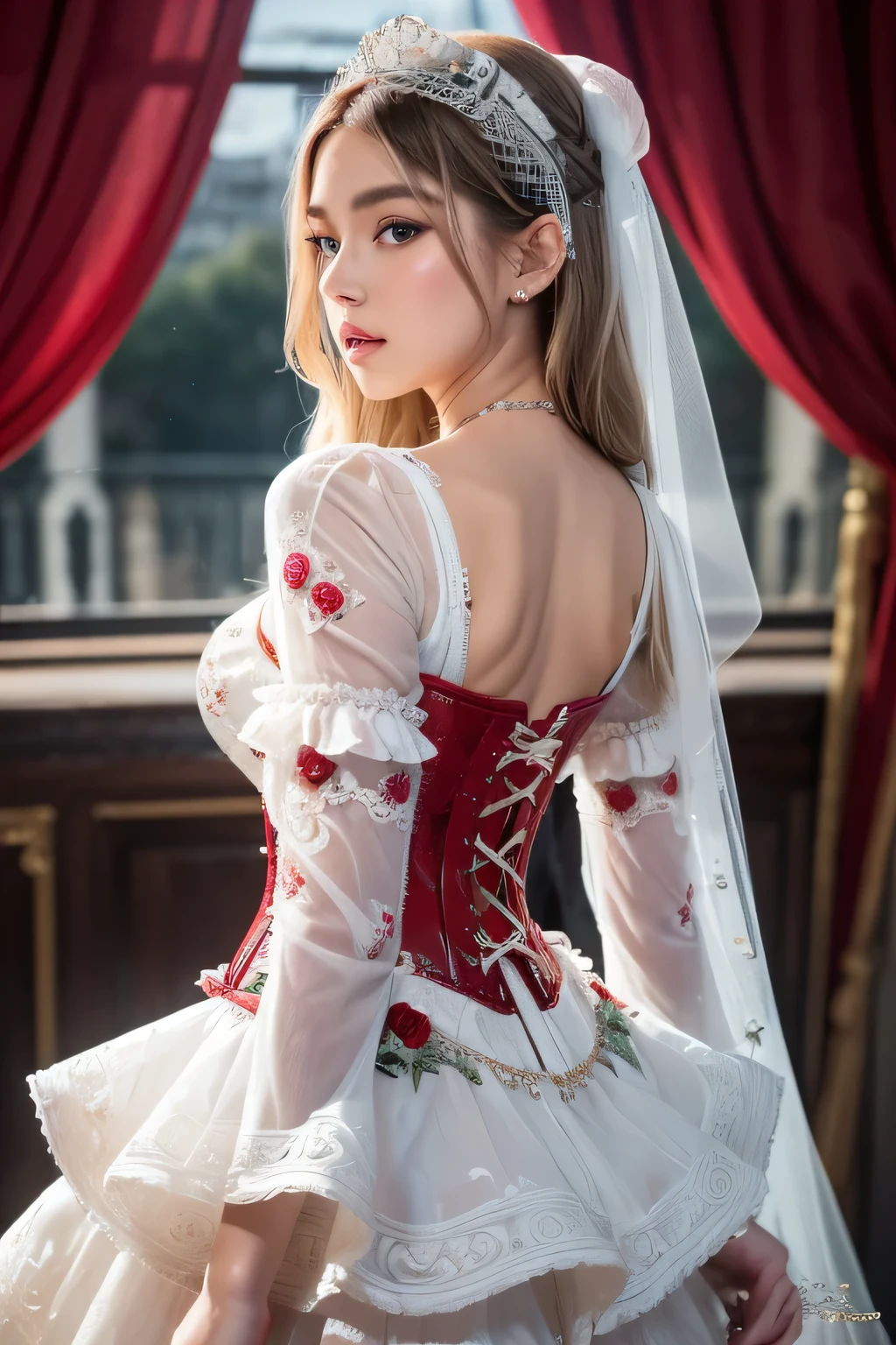 ((extremely detailed CG unity 8k wallpaper)), masterpiece, ultra-detailed, floating, high resolution, sexually suggestive, (petite, absurdly long white hair, princess, white mage, blue eyes, (ornate long white and red see through layered long dress with long detached wide sleeves and intricate embroidery), bridal veil, circlet, bridal gauntlets, blushing, shy, arched back, ruffled petticoat, ornate corset, Rose for Blackpink.