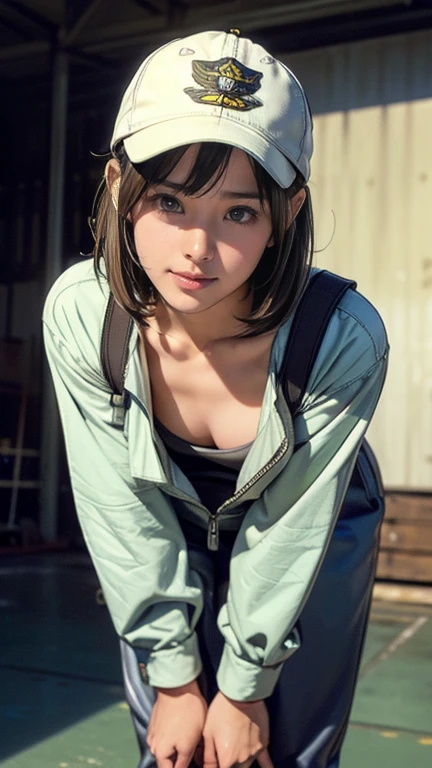 highest quality, ((Professional photos, RAW Photos)), Insanely Real, Very delicate and beautiful, Ultra-high resolution, Realistic lighting and shading, (A realistic image of a very cute female aircraft mechanic, alone), wide々Inside an aircraft hangar, A World War II-era monoplane fighter can be seen in the background....., Aircraft parts scattered on the floor, Maintenance Tools, She is in charge of aircraft maintenance....., (Wearing a long-sleeved mechanic coverall with a military camouflage pattern, baggy：１．２), (Wear heavy duty mechanic gloves), (Wear a headset), Her hair will be tied up later, Very professional mechanics, Mysterious Smile, ((Very beautiful eyes and face)), (Stunningly beautiful, Natural skin texture), Accurate Eyes, Accurate needle, Overall well-balanced body, ((15-year-old girl, Very short hair:1.3, Cute type, slim, The body is slim:1.3, Baseball cap), (Leaning forward, Down blouse:1.5)