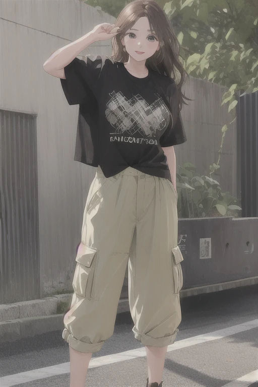 1girl, solo, oversize cargo pants, oversized tshirt, posing for a photo shoot, looking at the viewer,