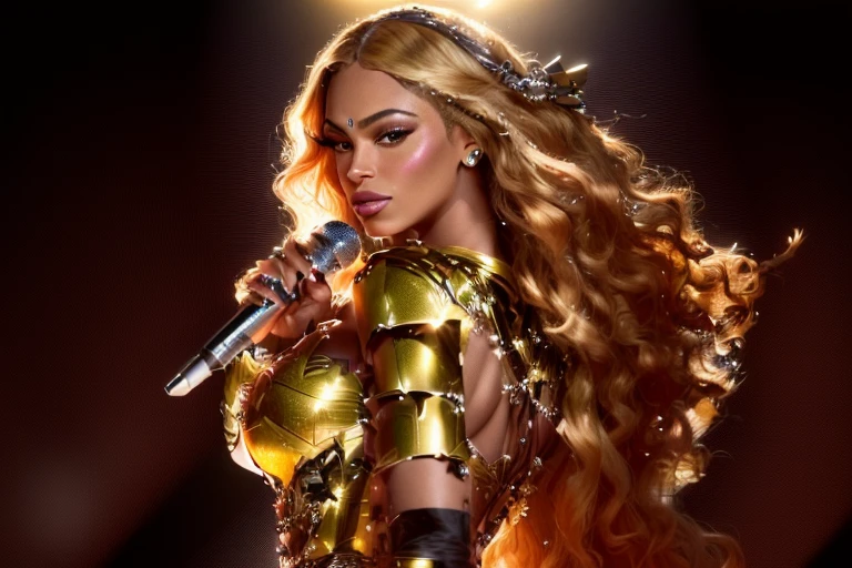 um close de uma mulher com uma roupa prateada segurando um microfone, Beyoncé giving a concert, live concert of Beyoncé, Beyoncé, Beyoncé as the pope, portrait of Beyoncé, singer Beyoncé as She-Hulk, Beyoncé photoshoot, linda rainha, atuando, Beyoncé as wonder woman, mulher mais linda do mundo, obra-prima maravilhosa, coberto com uma armadura prateada completa