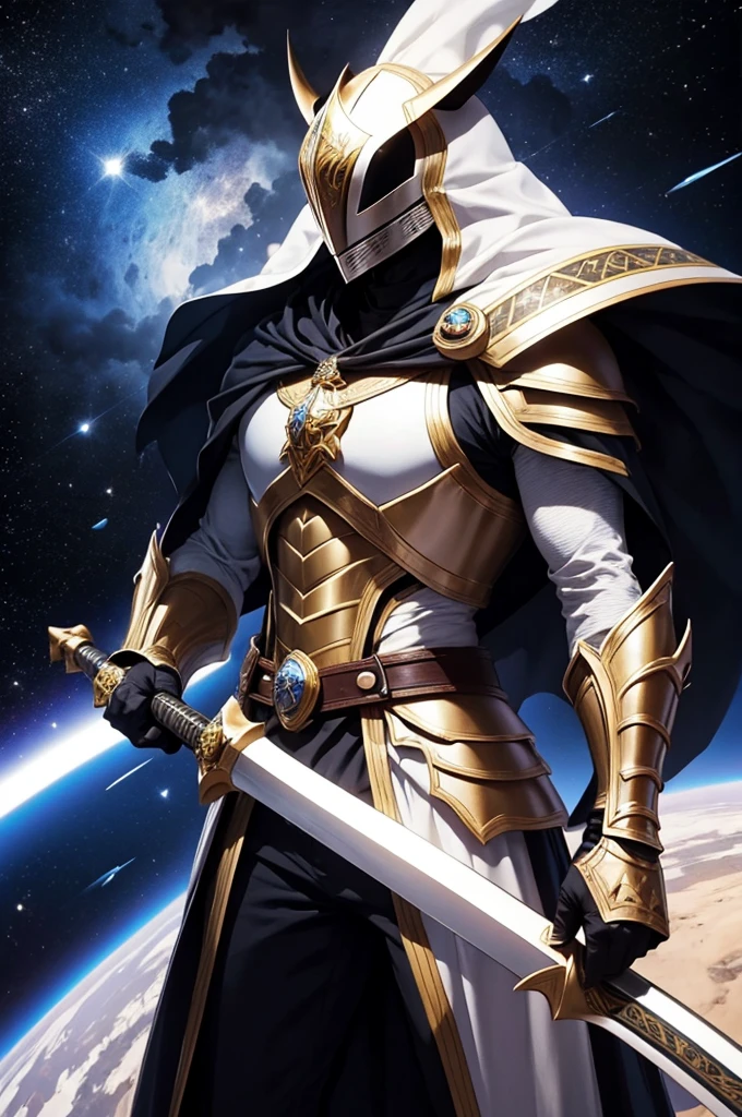 Homem,armadura pesada preta esmeralda,com uma espada, coming from space,anime